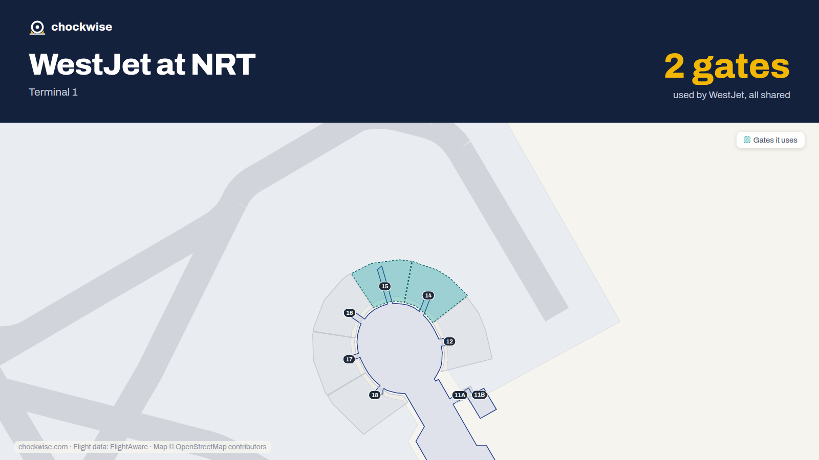 Map of NRT with the gates WestJet uses highlighted: 14 and 15.