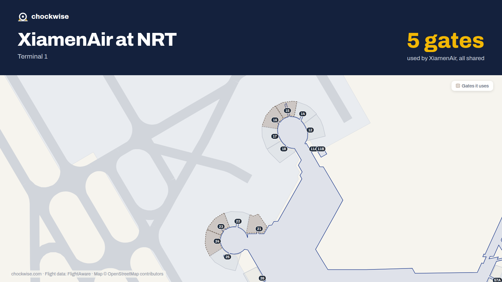 Map of NRT with the gates Xiamen Airlines uses highlighted: 15, 16, 21, 23 and 24.