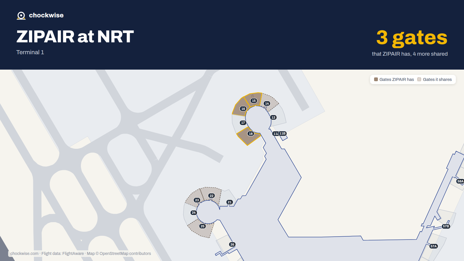 Map of NRT with the gates ZIPAIR uses highlighted: 15, 16 and 18.