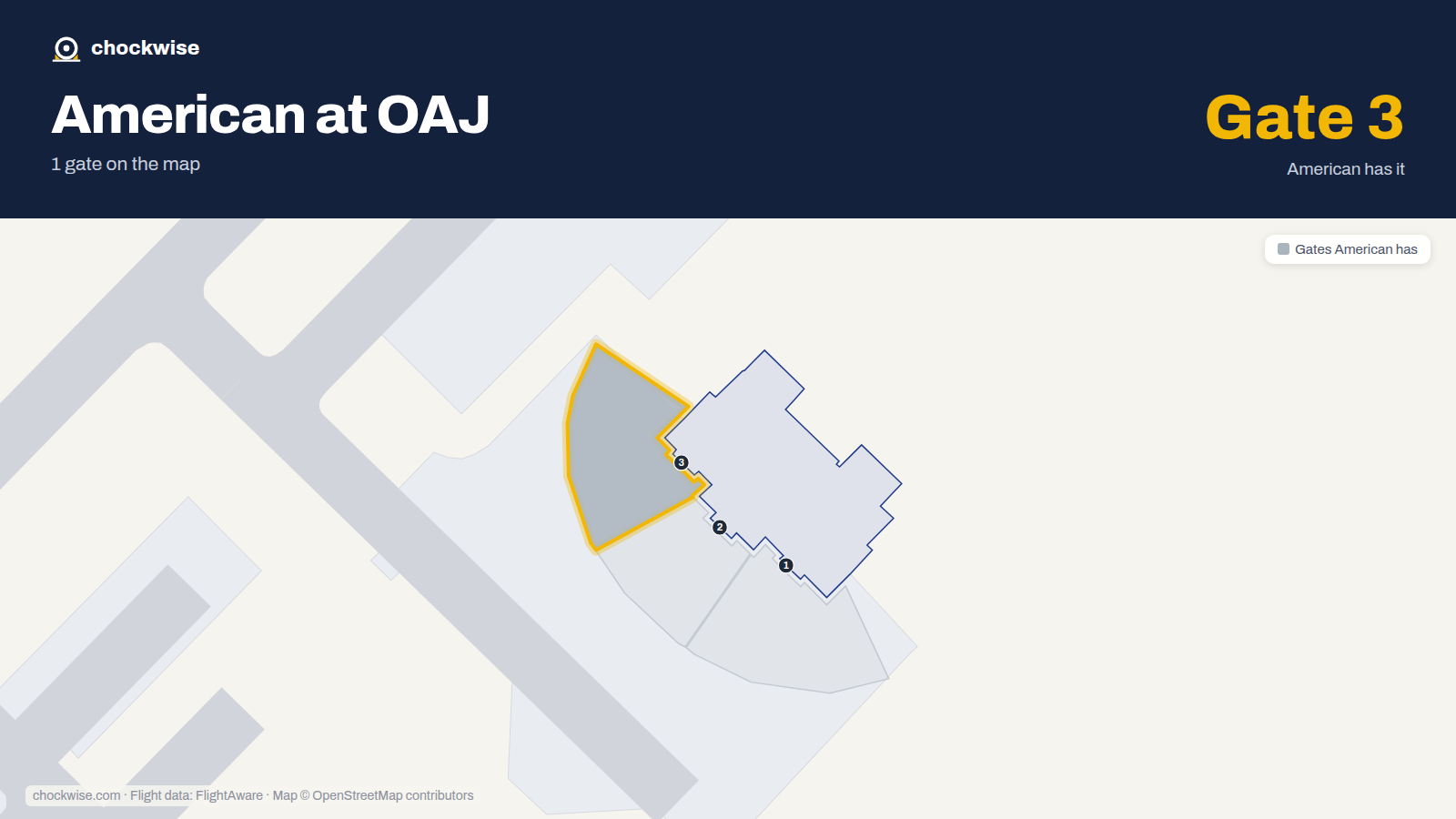 Map of OAJ with the gates American Airlines uses highlighted: 3.