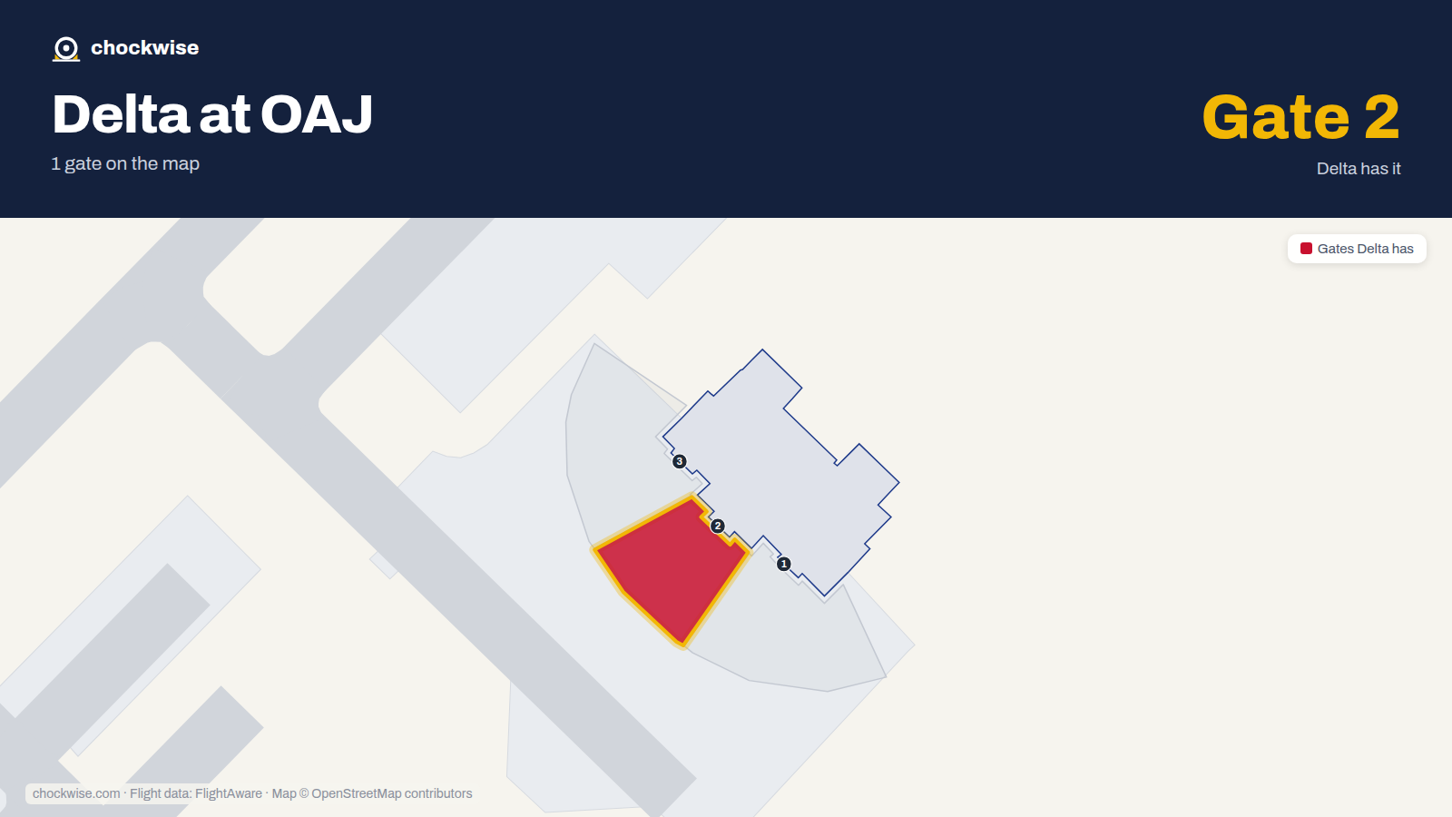 Map of OAJ with the gates Delta Air Lines uses highlighted: 2.
