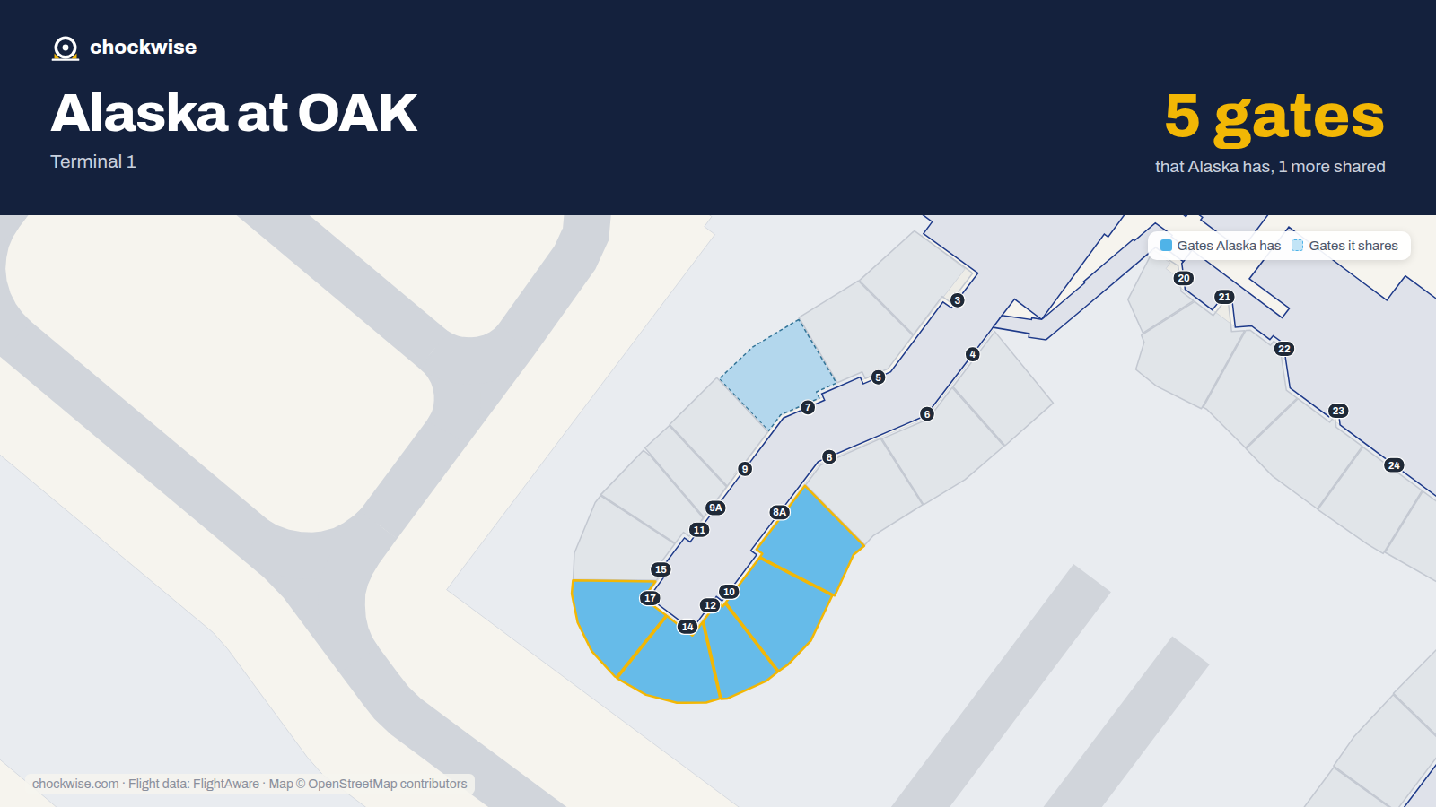 Map of OAK with the gates Alaska Airlines uses highlighted: 8A, 10, 12, 14 and 17.