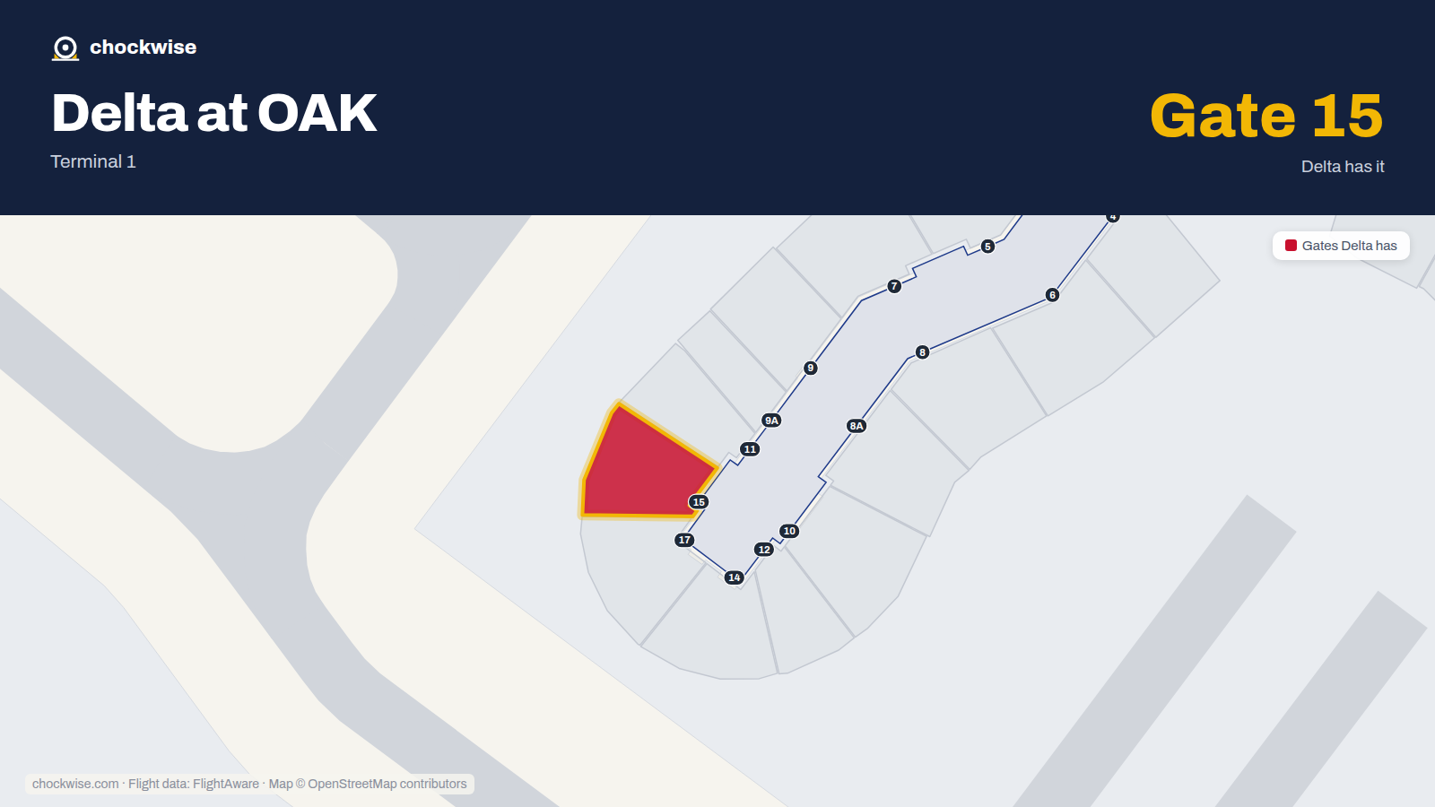 Map of OAK with the gates Delta Air Lines uses highlighted: 15.