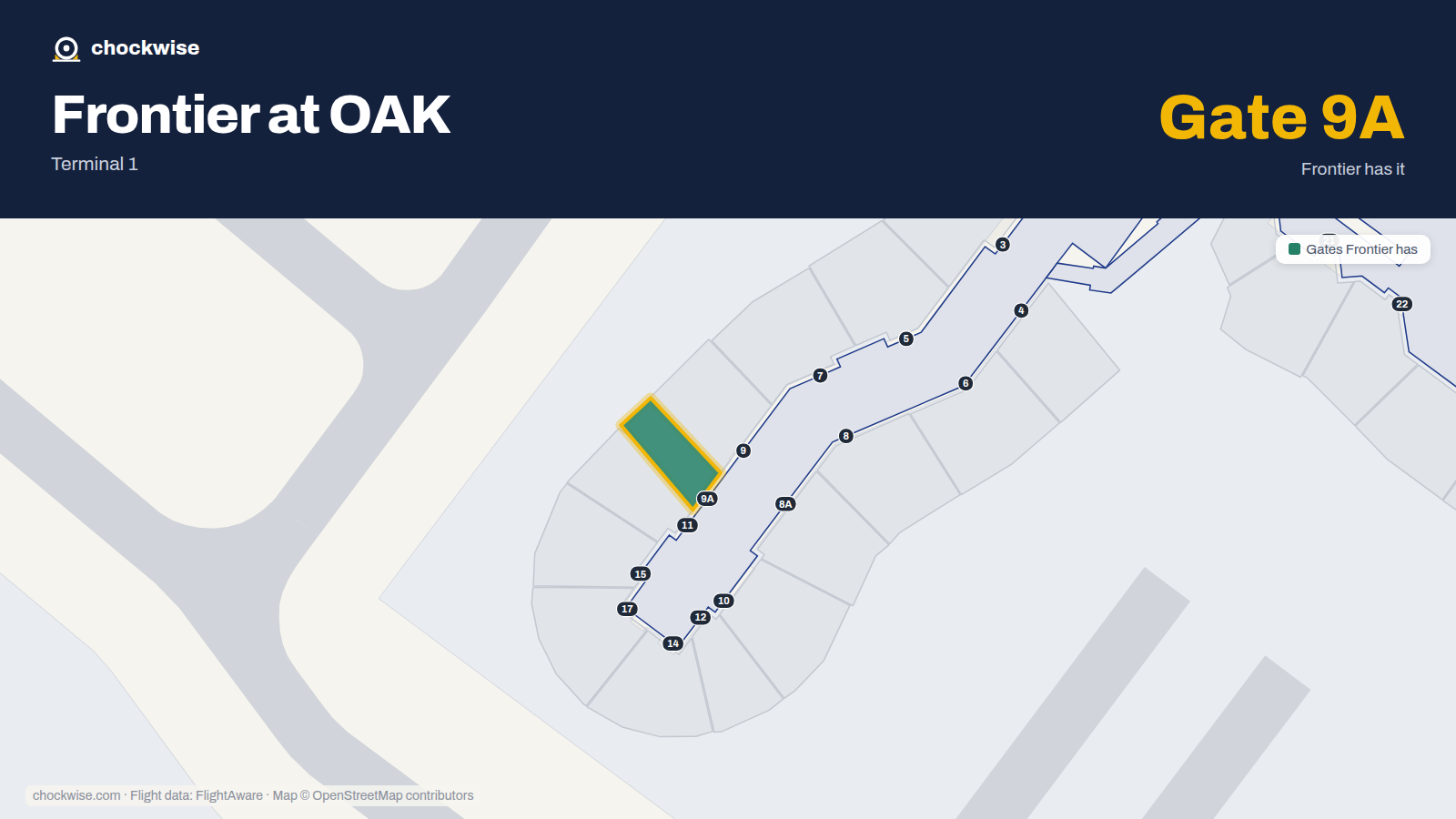 Map of OAK with the gates Frontier Airlines uses highlighted: 9A.