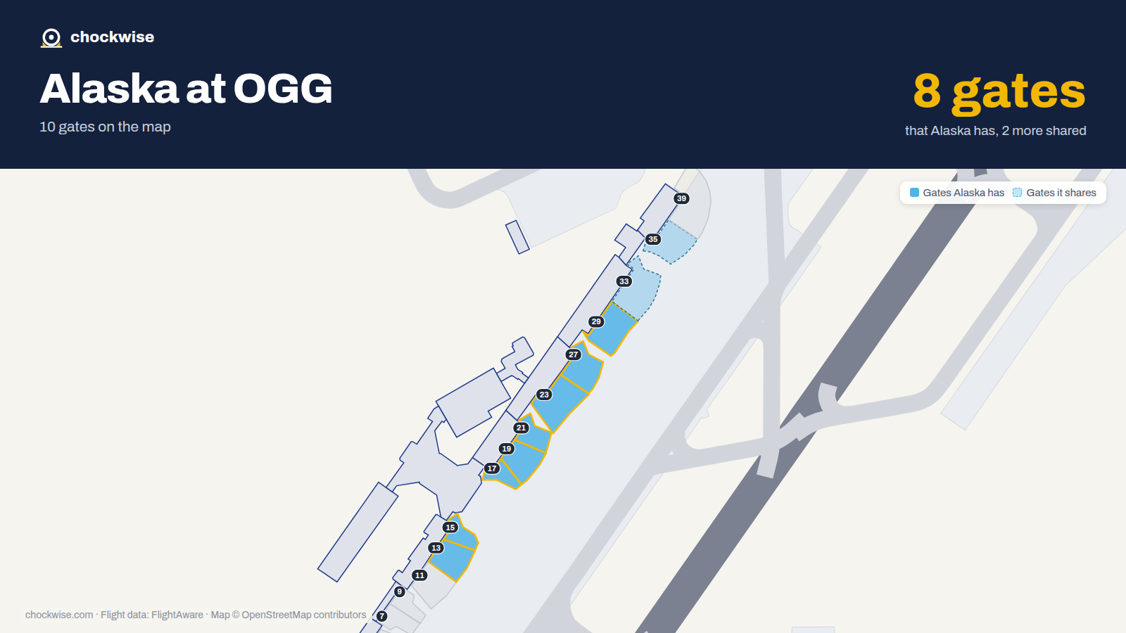 Map of OGG with the gates Alaska Airlines uses highlighted: 13, 15, 17, 19, 21, 23, 27 and 29.