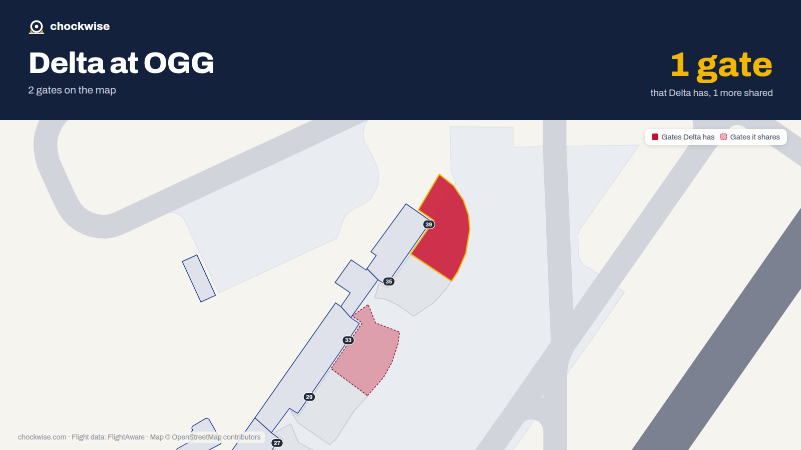 Map of OGG with the gates Delta Air Lines uses highlighted: 39.