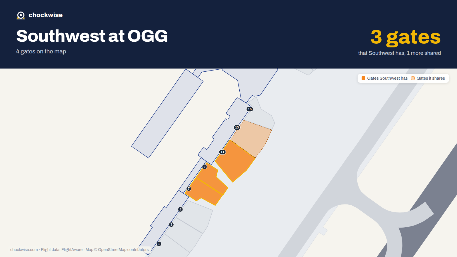 Map of OGG with the gates Southwest Airlines uses highlighted: 7, 9 and 11.
