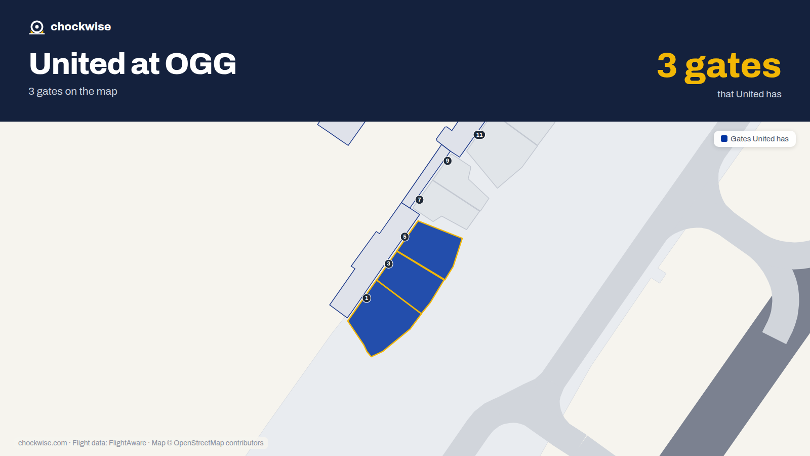 Map of OGG with the gates United Airlines uses highlighted: 1, 3 and 5.