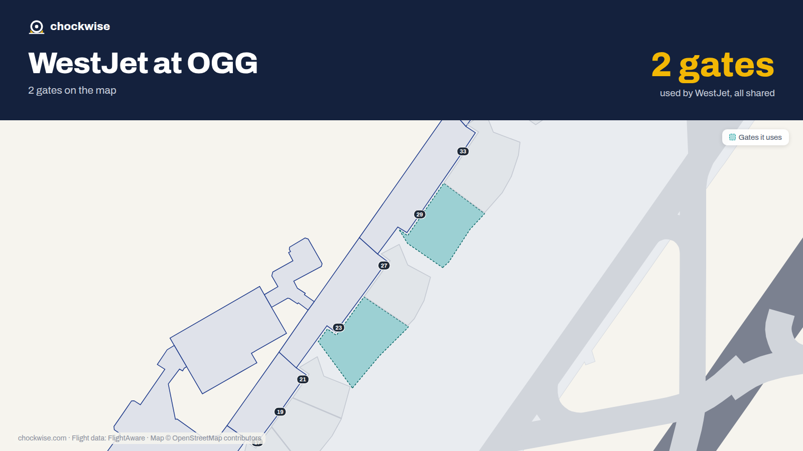 Map of OGG with the gates WestJet uses highlighted: 23 and 29.