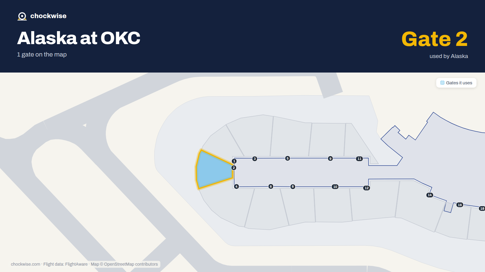 Map of OKC with the gates Alaska Airlines uses highlighted: 2.