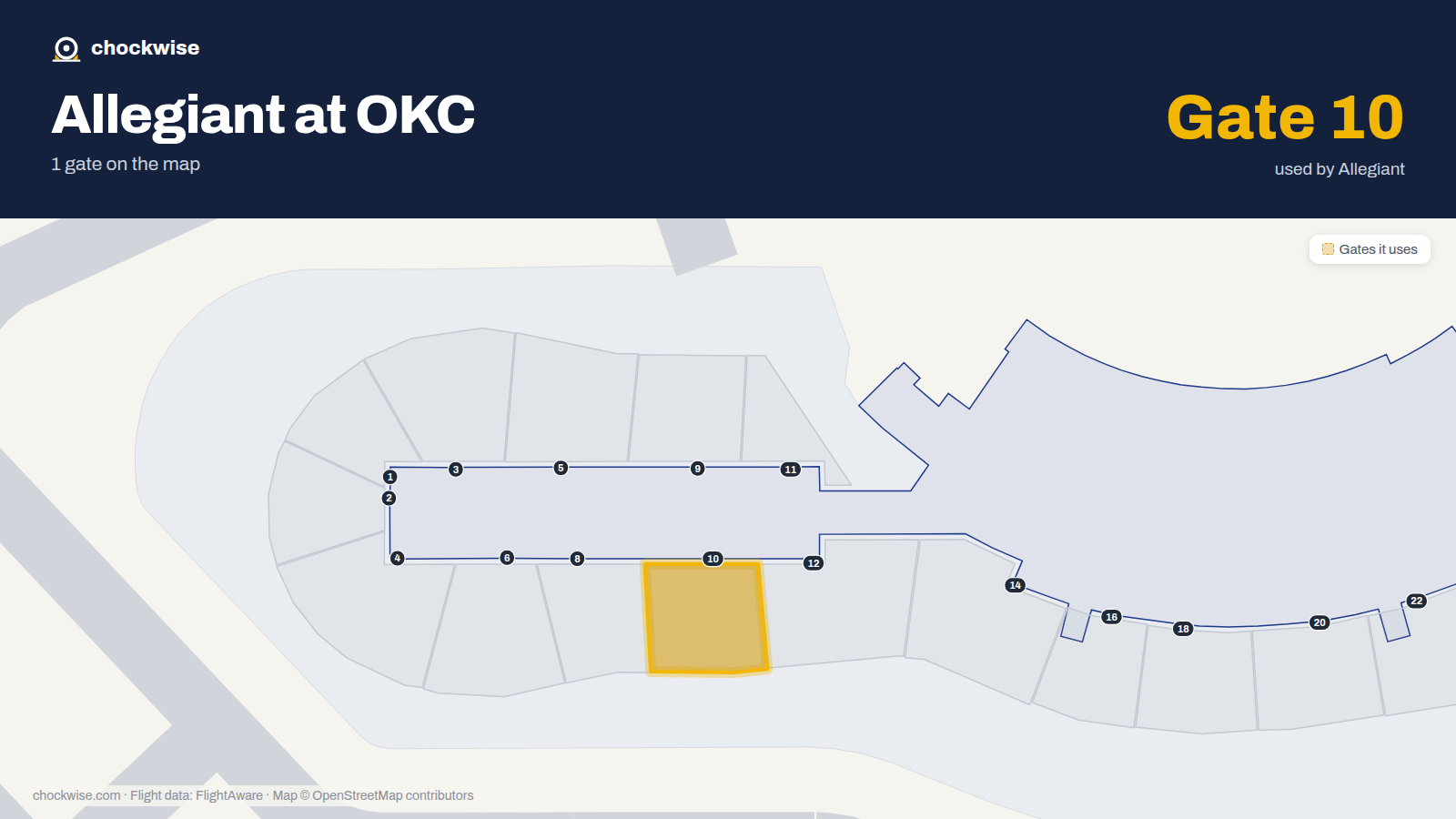 Map of OKC with the gates Allegiant Air uses highlighted: 10.