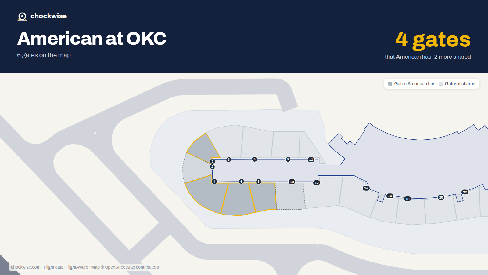 Map of OKC with the gates American Airlines uses highlighted: 1, 4, 6 and 8.