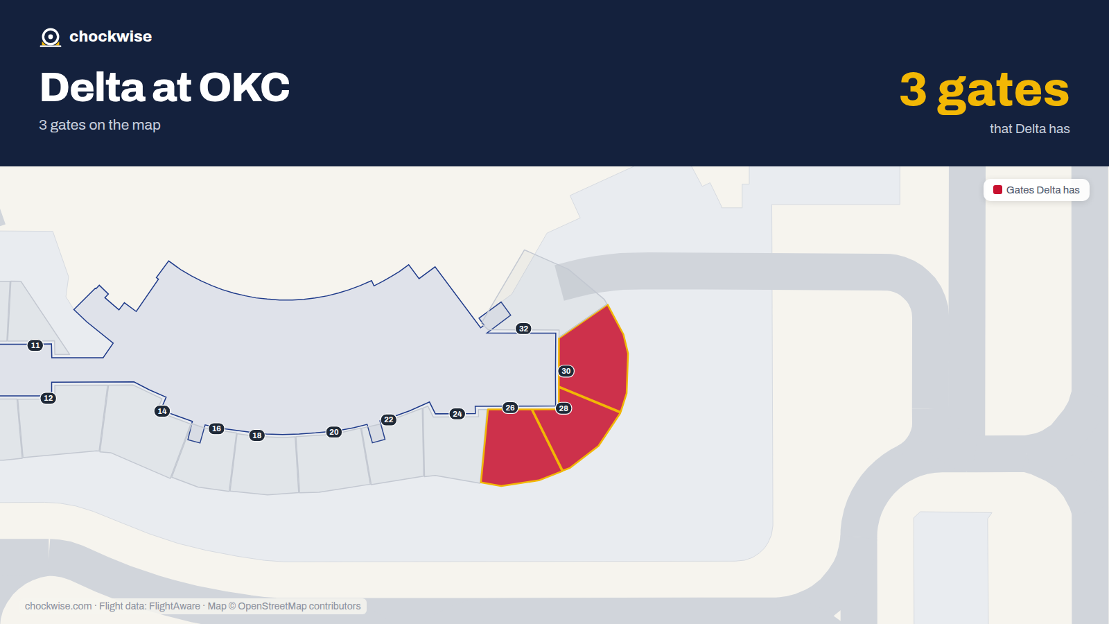 Map of OKC with the gates Delta Air Lines uses highlighted: 26, 28 and 30.