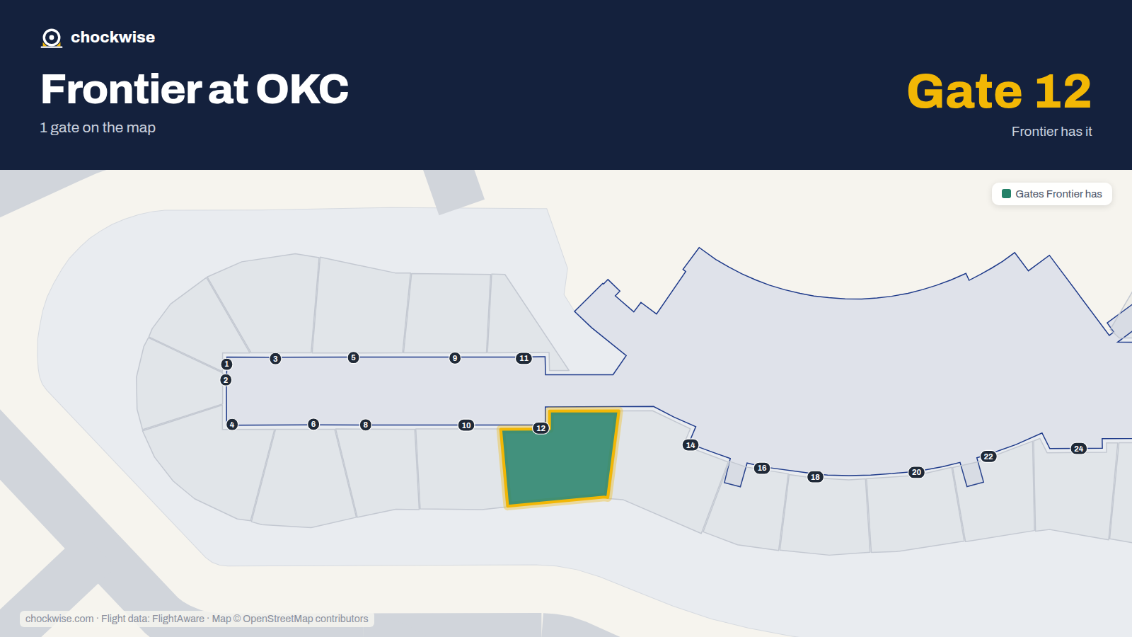 Map of OKC with the gates Frontier Airlines uses highlighted: 12.