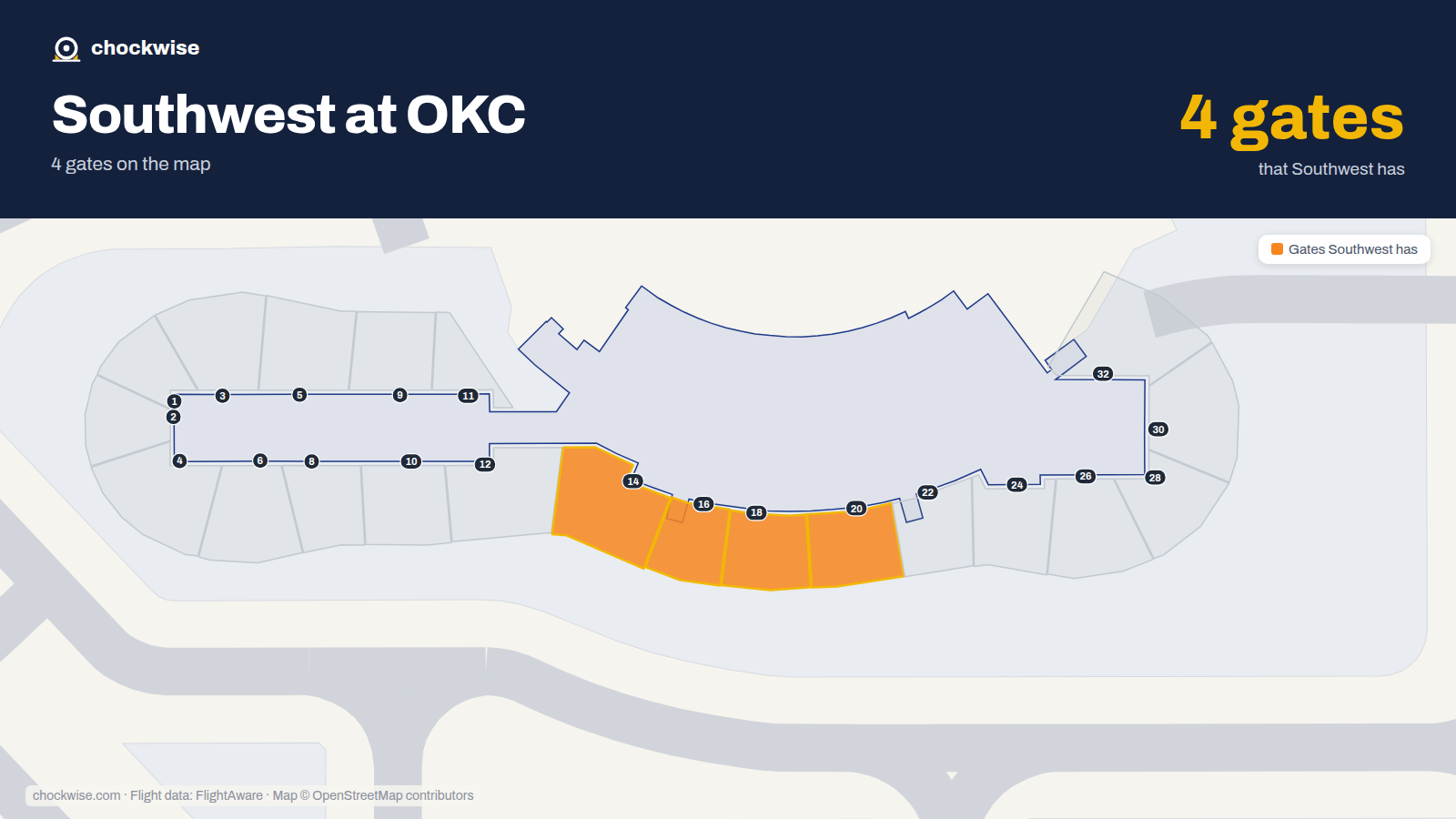 Map of OKC with the gates Southwest Airlines uses highlighted: 14, 16, 18 and 20.