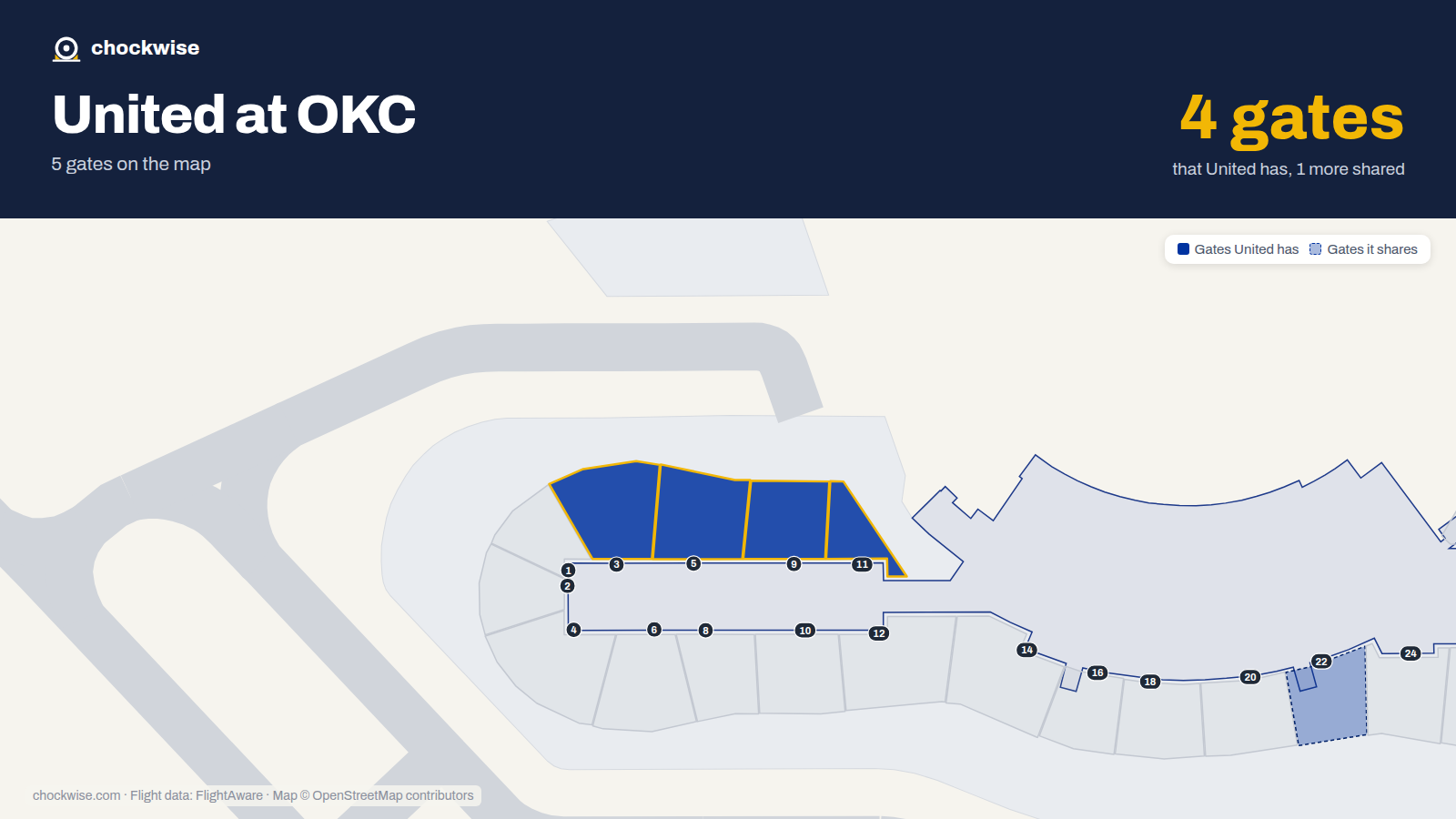 Map of OKC with the gates United Airlines uses highlighted: 3, 5, 9 and 11.