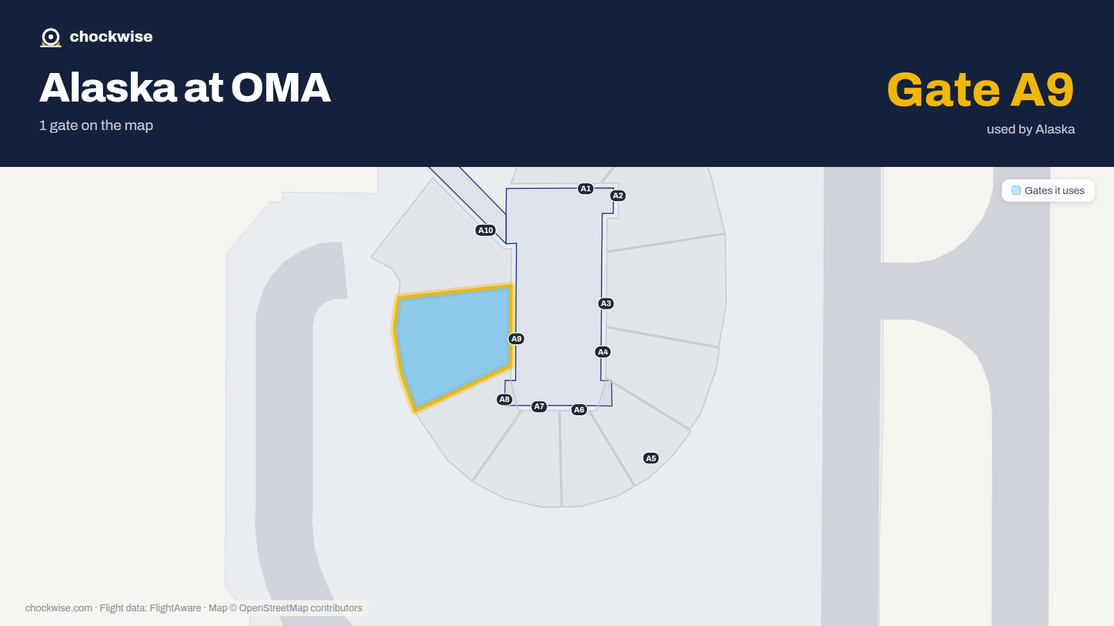 Map of OMA with the gates Alaska Airlines uses highlighted: A9.