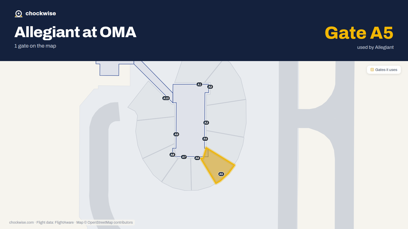 Map of OMA with the gates Allegiant Air uses highlighted: A5.