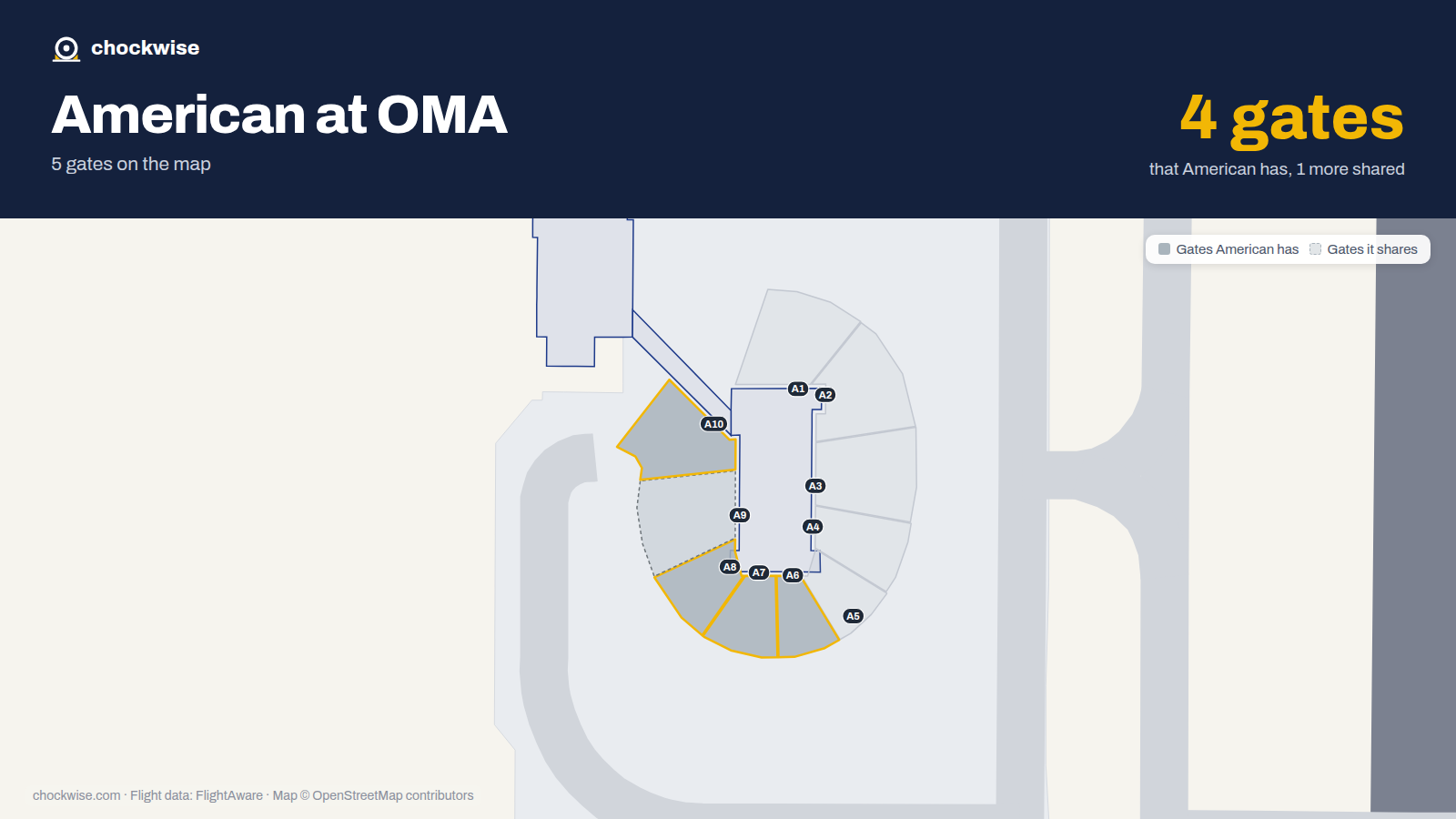 Map of OMA with the gates American Airlines uses highlighted: A6, A7, A8 and A10.