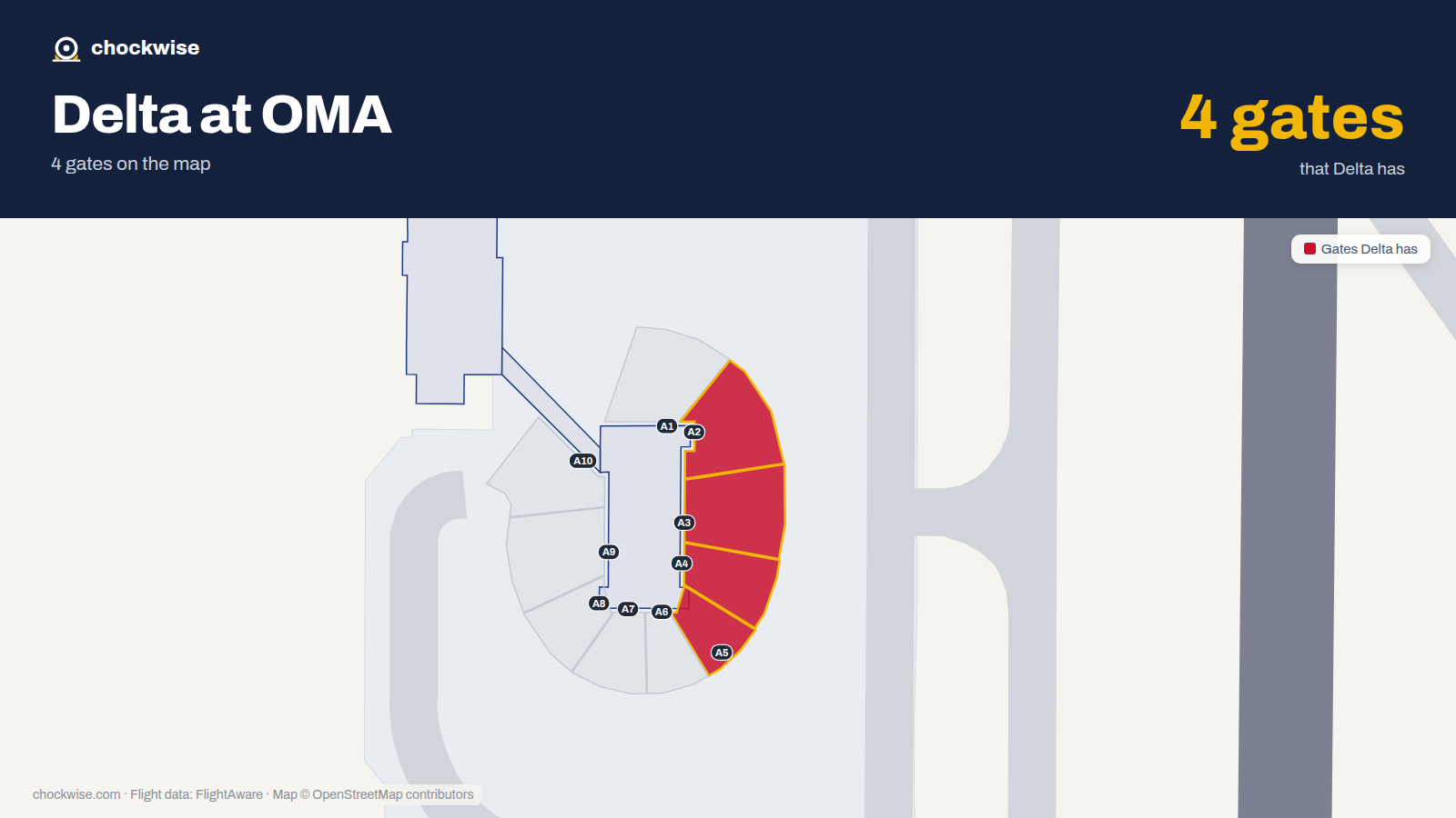Map of OMA with the gates Delta Air Lines uses highlighted: A2, A3, A4 and A5.