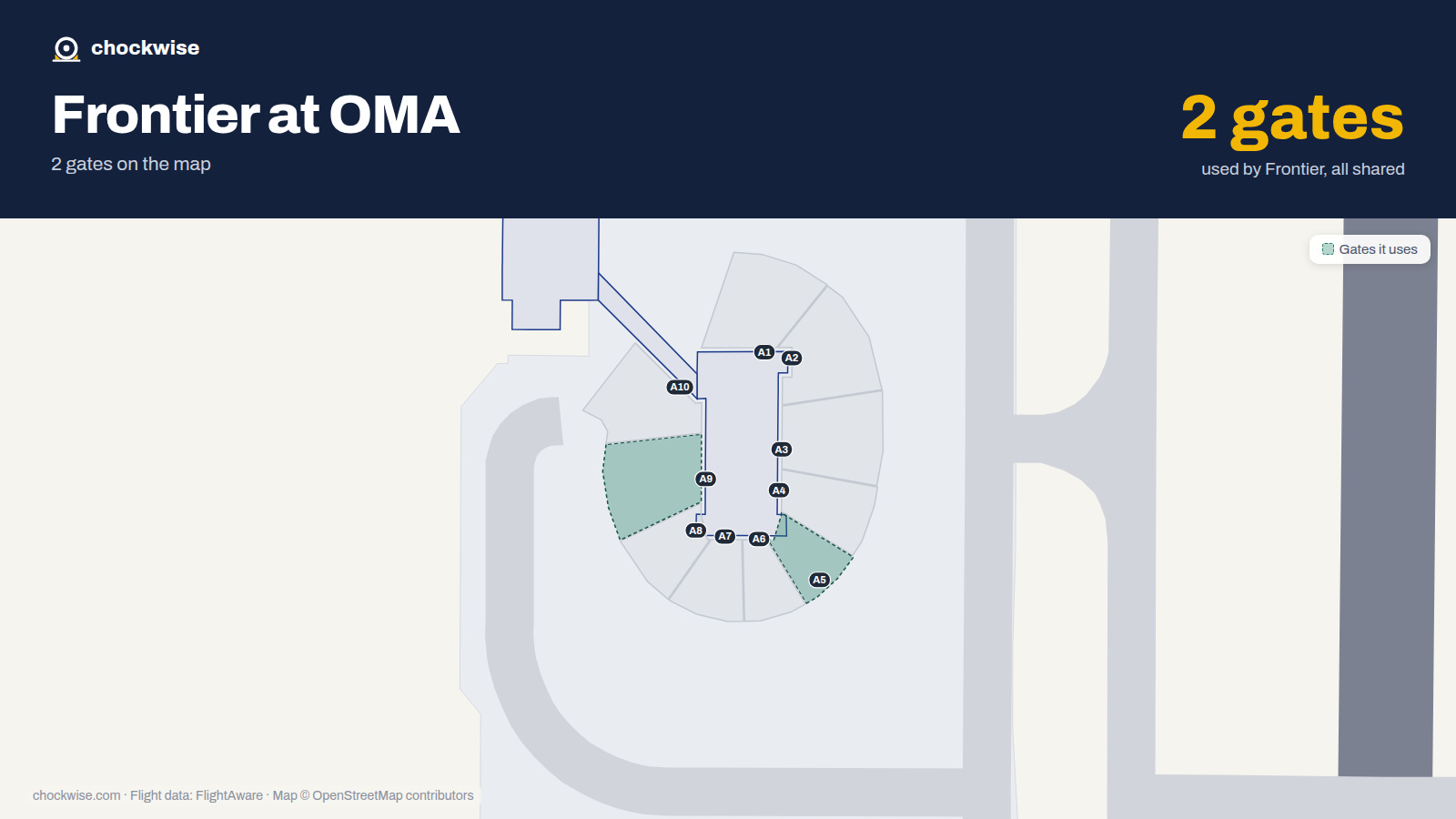 Map of OMA with the gates Frontier Airlines uses highlighted: A5 and A9.