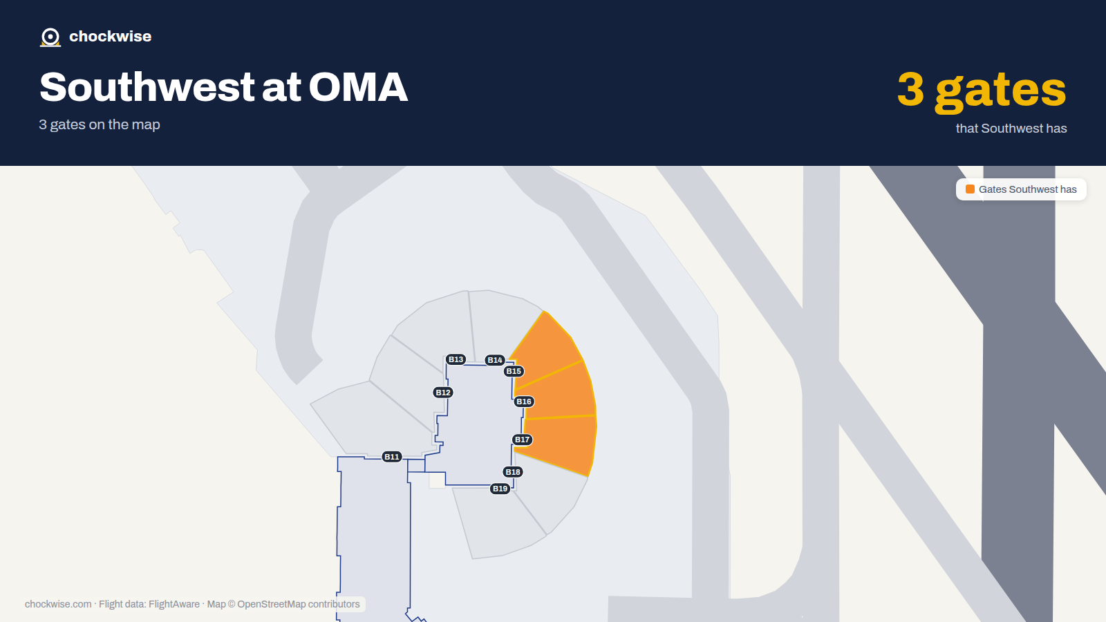Map of OMA with the gates Southwest Airlines uses highlighted: B15, B16 and B17.