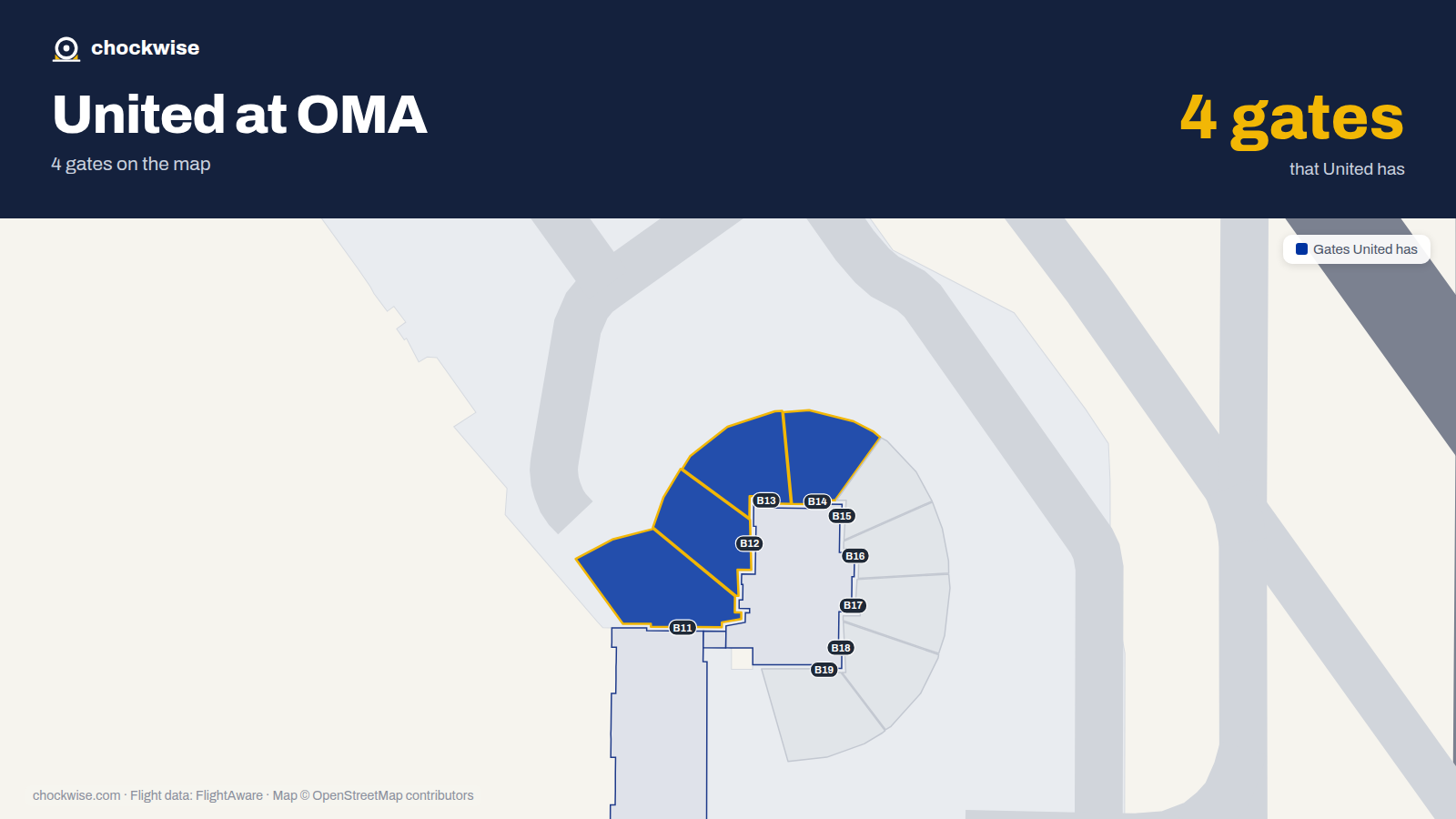 Map of OMA with the gates United Airlines uses highlighted: B11, B12, B13 and B14.