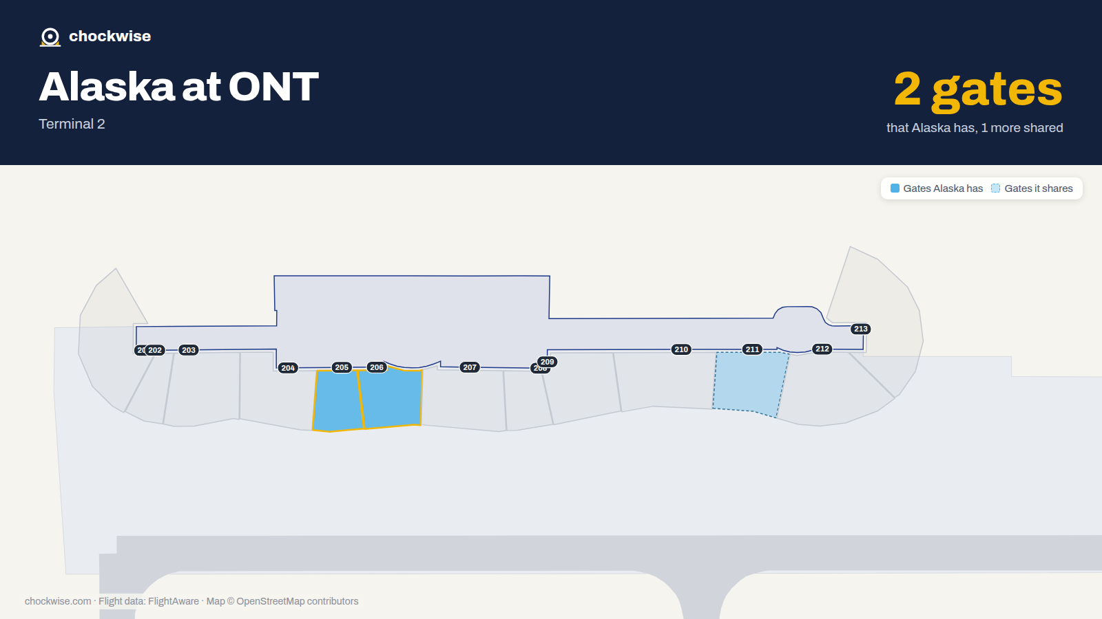 Map of ONT with the gates Alaska Airlines uses highlighted: 205 and 206.