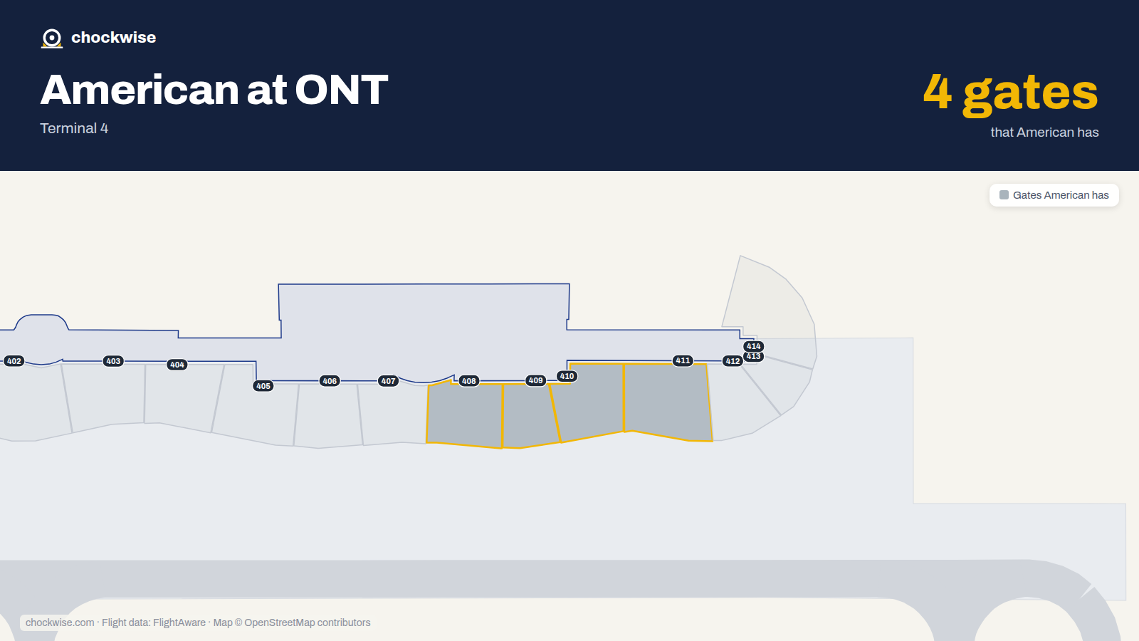 Map of ONT with the gates American Airlines uses highlighted: 408, 409, 410 and 411.