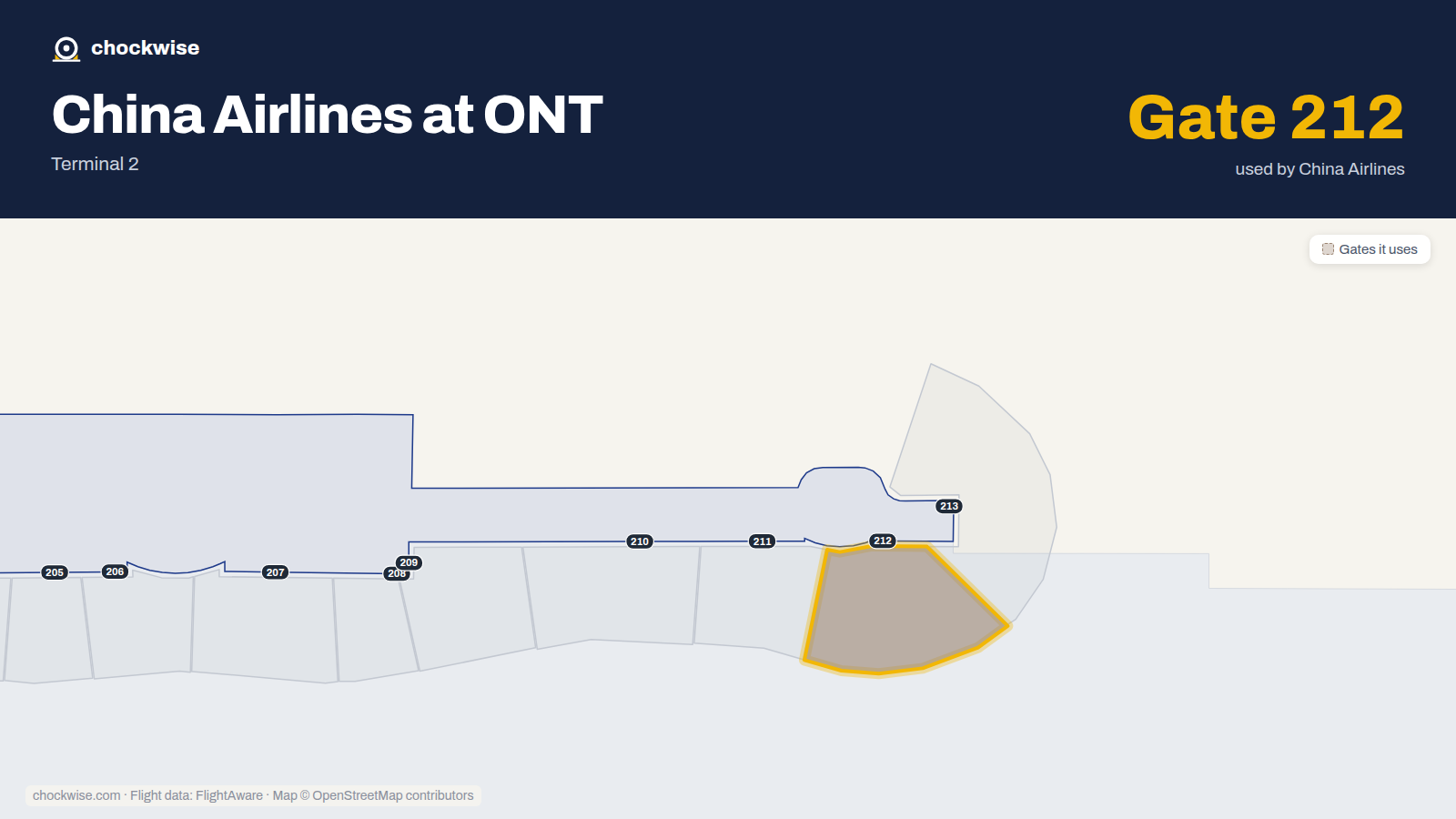 Map of ONT with the gates China Airlines uses highlighted: 212.