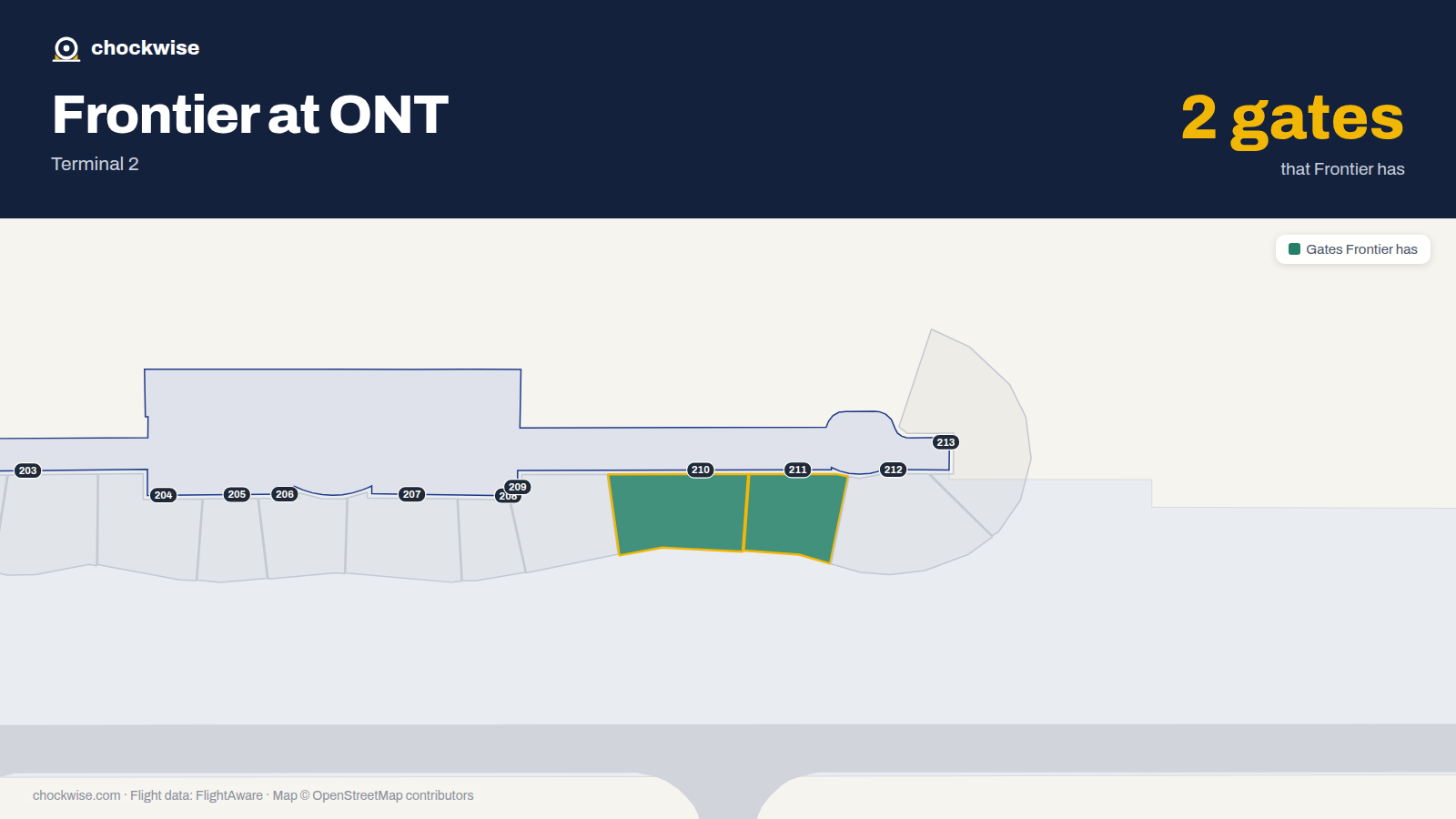 Map of ONT with the gates Frontier Airlines uses highlighted: 210 and 211.