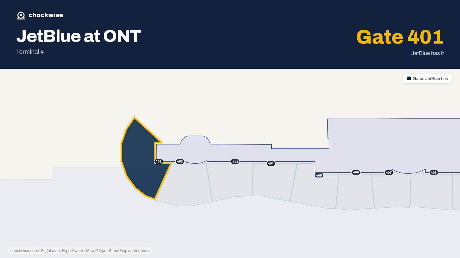 Map of ONT with the gates JetBlue uses highlighted: 401.