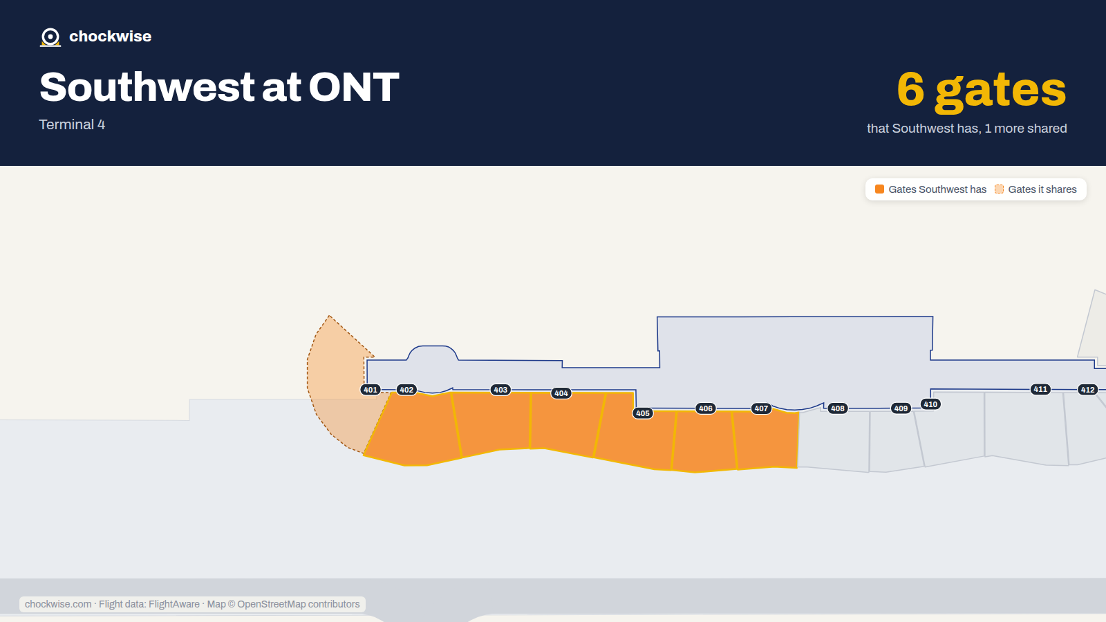 Map of ONT with the gates Southwest Airlines uses highlighted: 402, 403, 404, 405, 406 and 407.