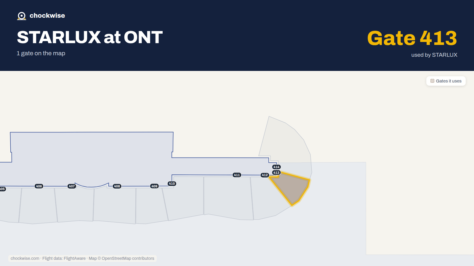 Map of ONT with the gates STARLUX Airlines uses highlighted: 413.