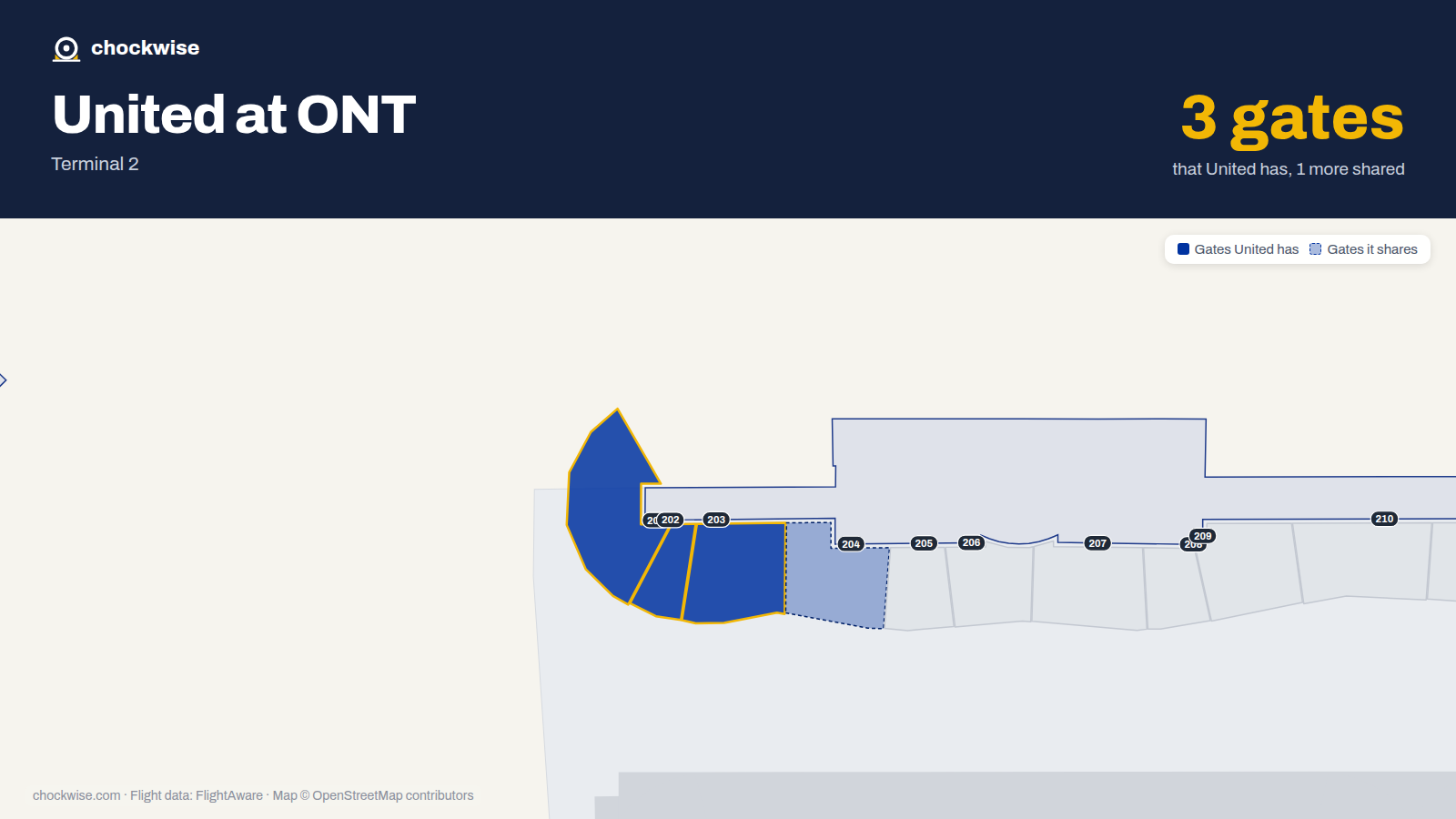Map of ONT with the gates United Airlines uses highlighted: 201, 202 and 203.