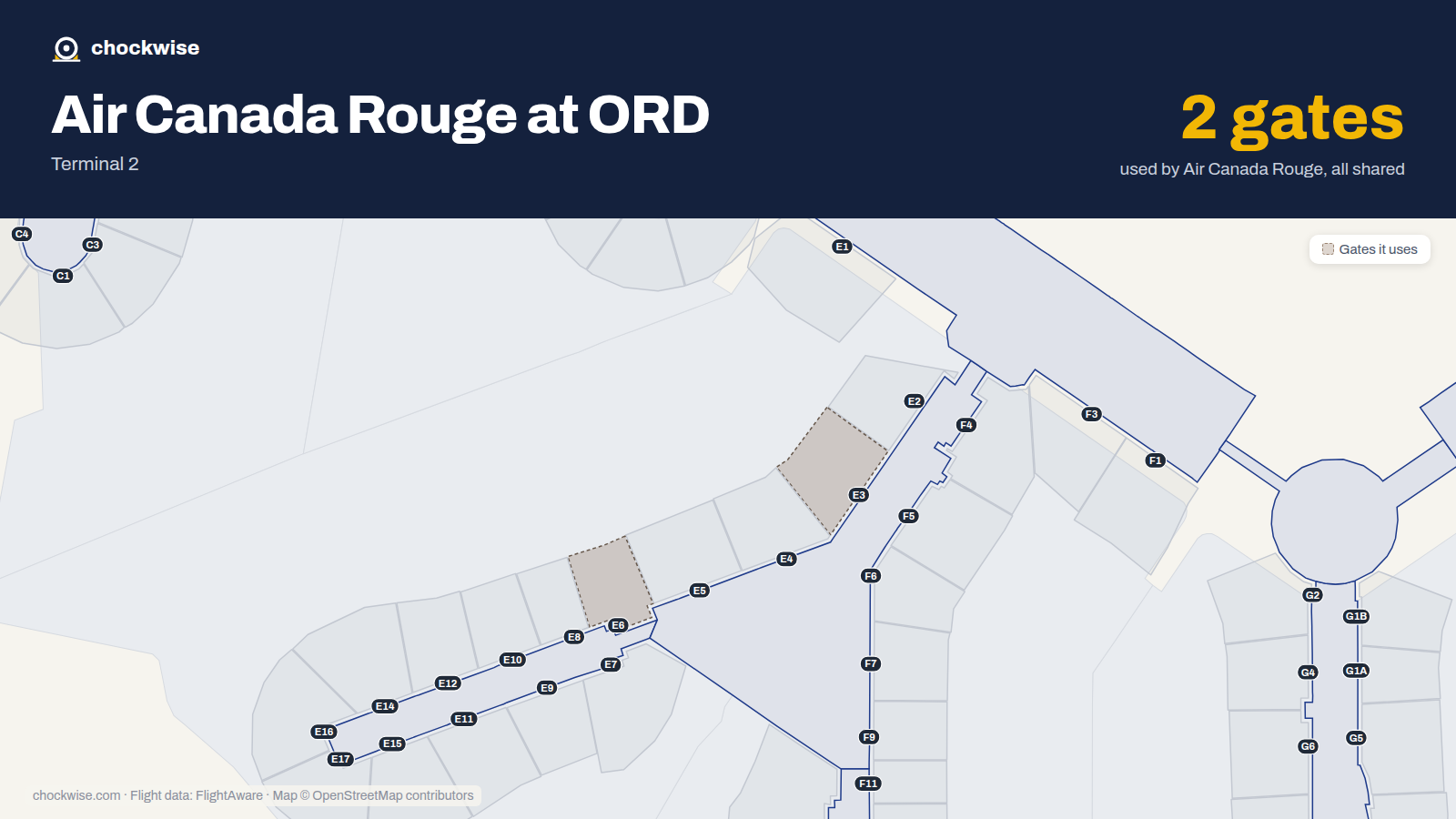 Map of ORD with the gates Air Canada Rouge uses highlighted: E3 and E6.