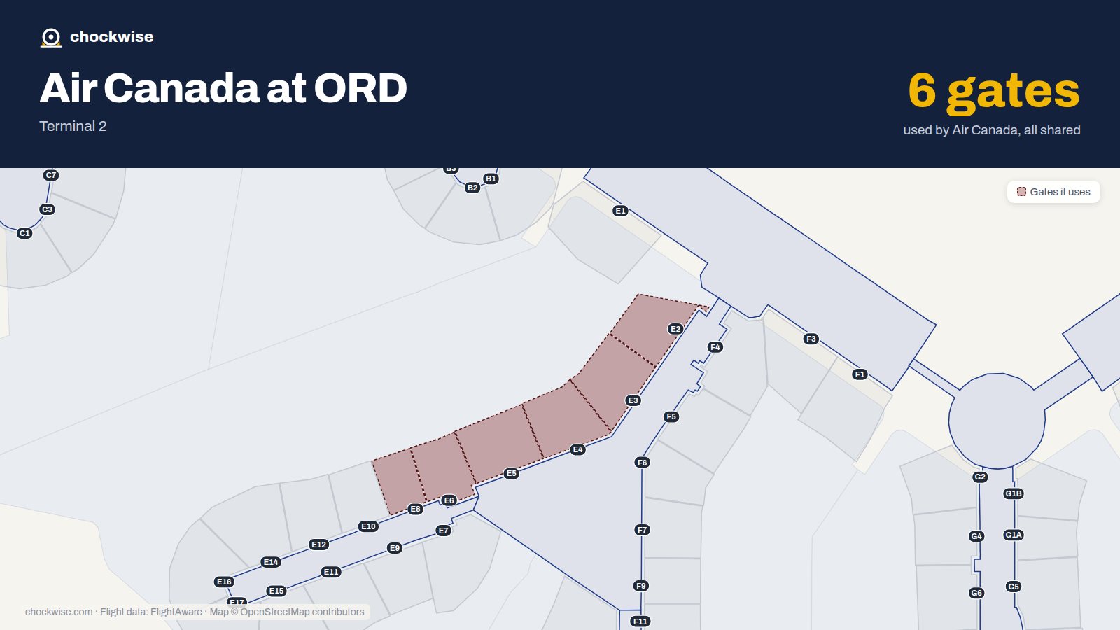 Map of ORD with the gates Air Canada uses highlighted: E2, E3, E4, E5, E6 and E8.