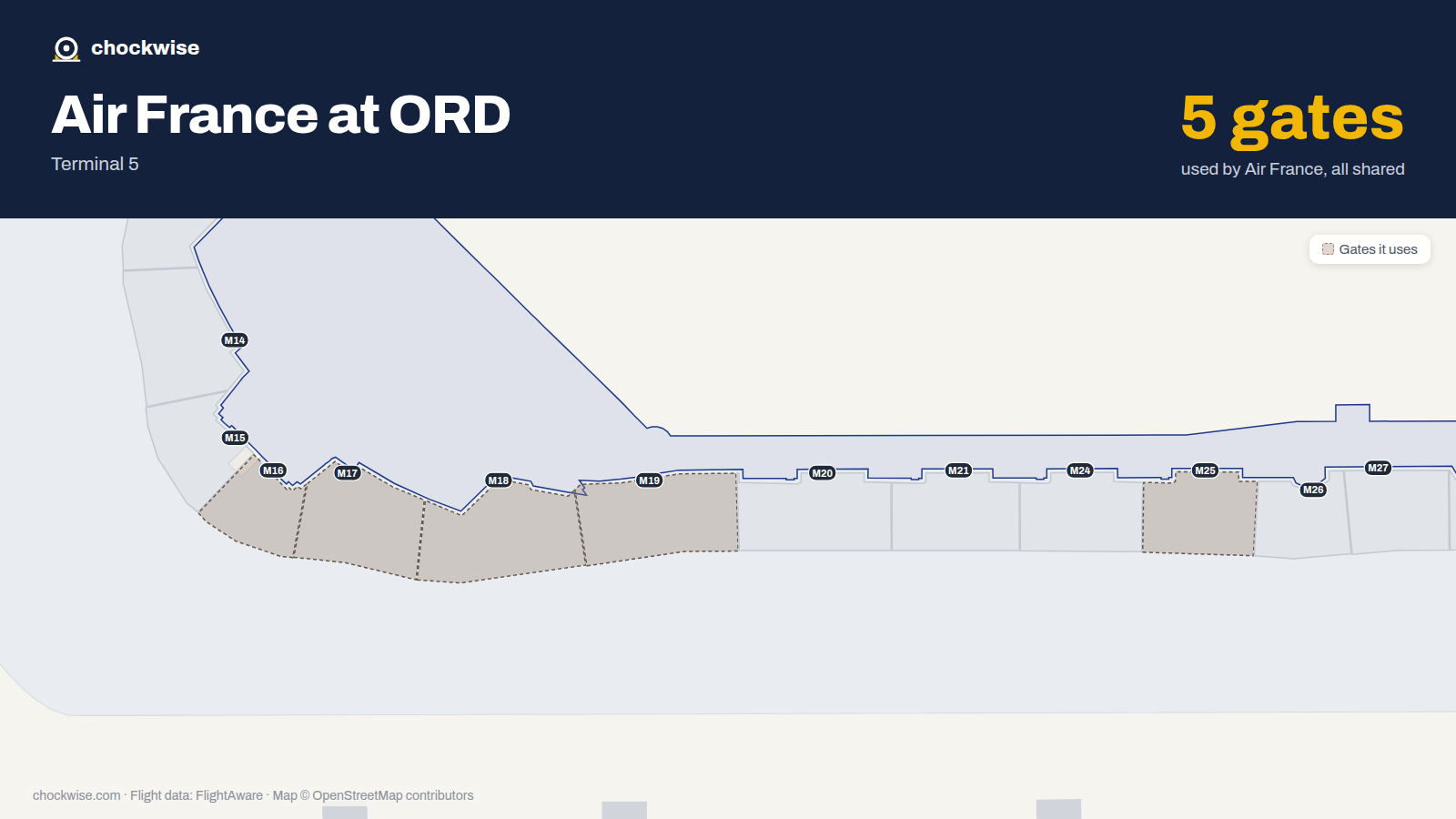 Map of ORD with the gates Air France uses highlighted: M16, M17, M18, M19 and M25.