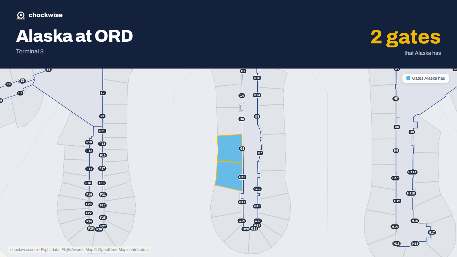 Map of ORD with the gates Alaska Airlines uses highlighted: G8 and G10.