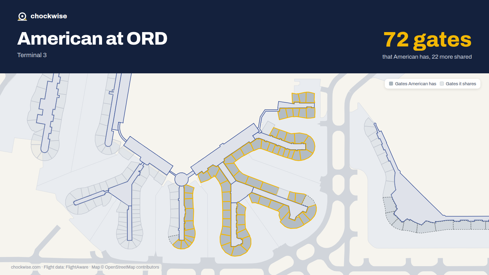 Map of ORD with the gates American Airlines uses highlighted: G1A, G1B, H1A, K1, H2, K2, L2A, L2C and 57 more.