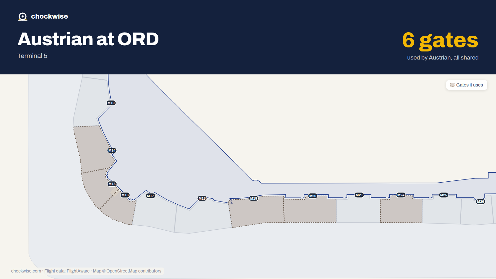 Map of ORD with the gates Austrian Airlines uses highlighted: M14, M15, M16, M19, M20 and M24.