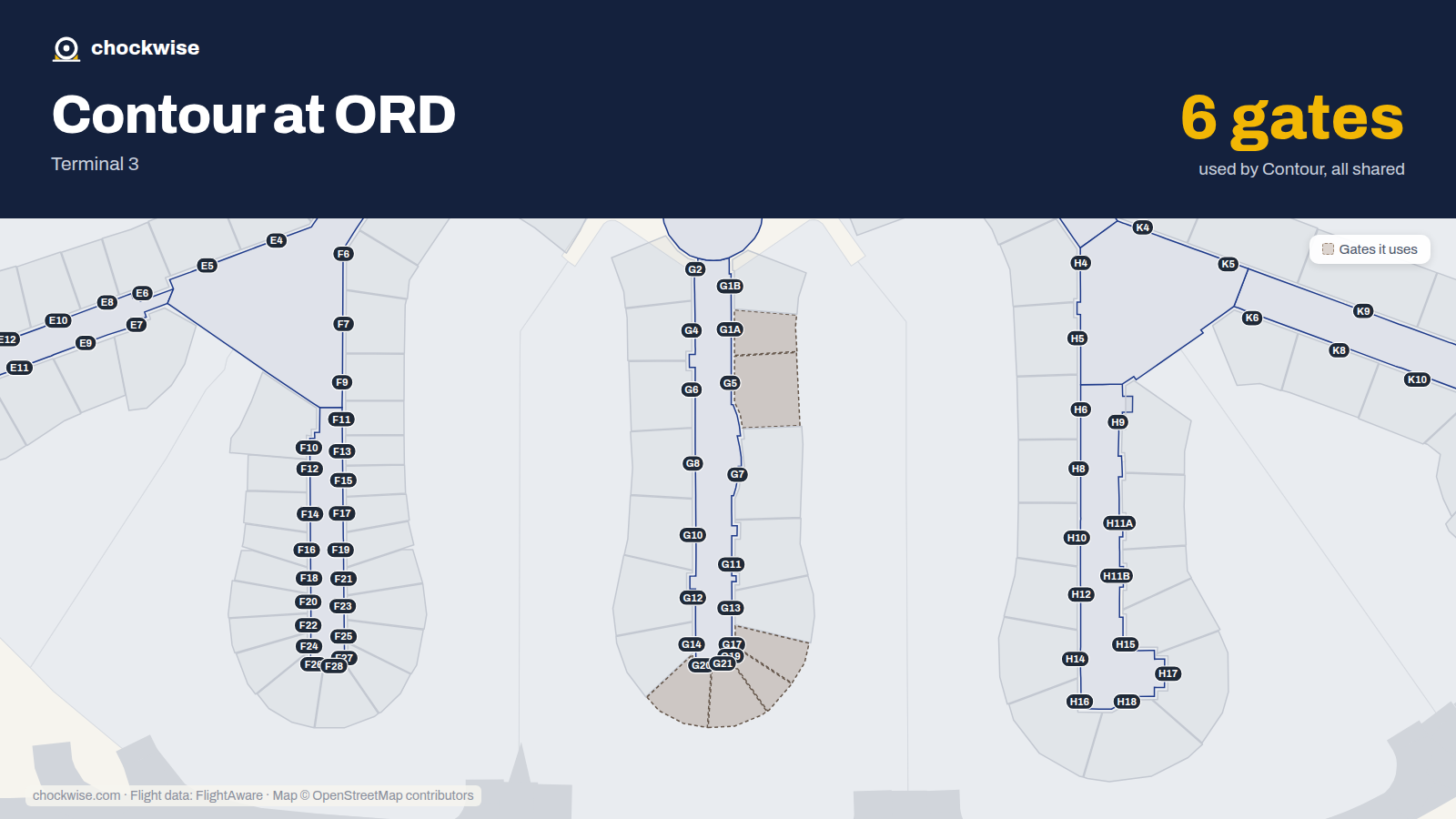 Map of ORD with the gates Contour Airlines uses highlighted: G1A, G5, G17, G19, G19A, G20, G21 and G.