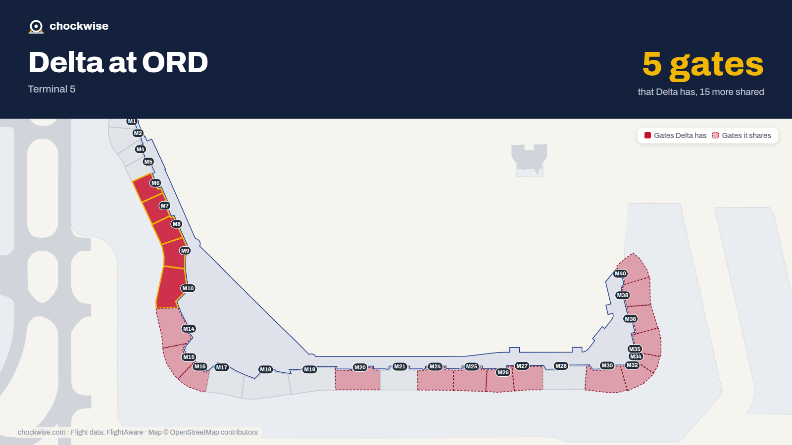 Map of ORD with the gates Delta Air Lines uses highlighted: M6, M7, M8, M9 and M10.