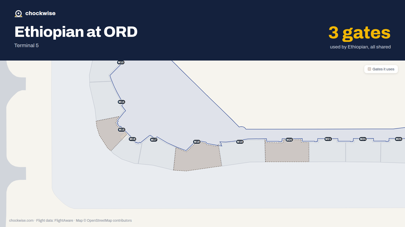 Map of ORD with the gates Ethiopian Airlines uses highlighted: M15, M18 and M20.