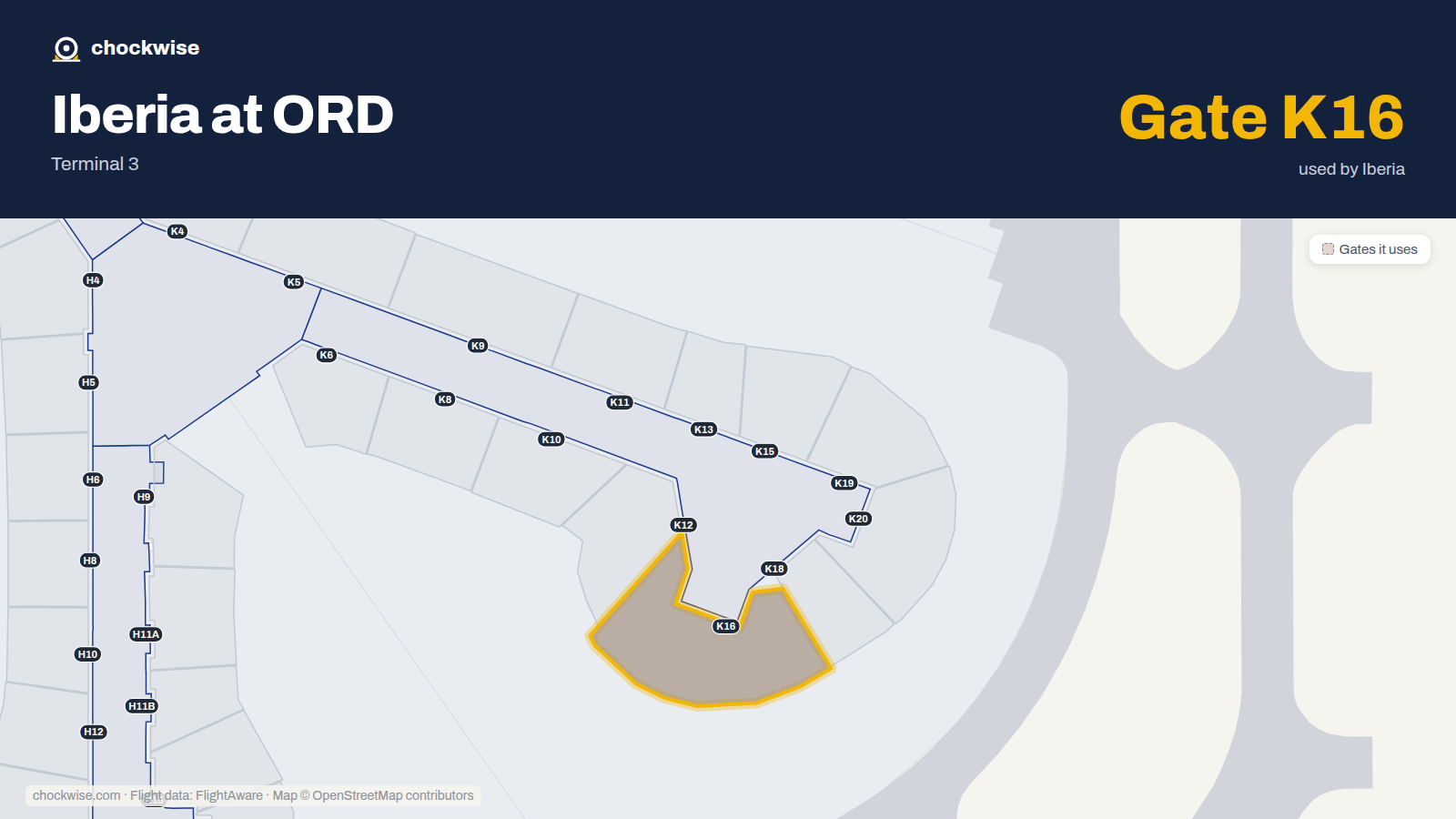 Map of ORD with the gates Iberia uses highlighted: K16.