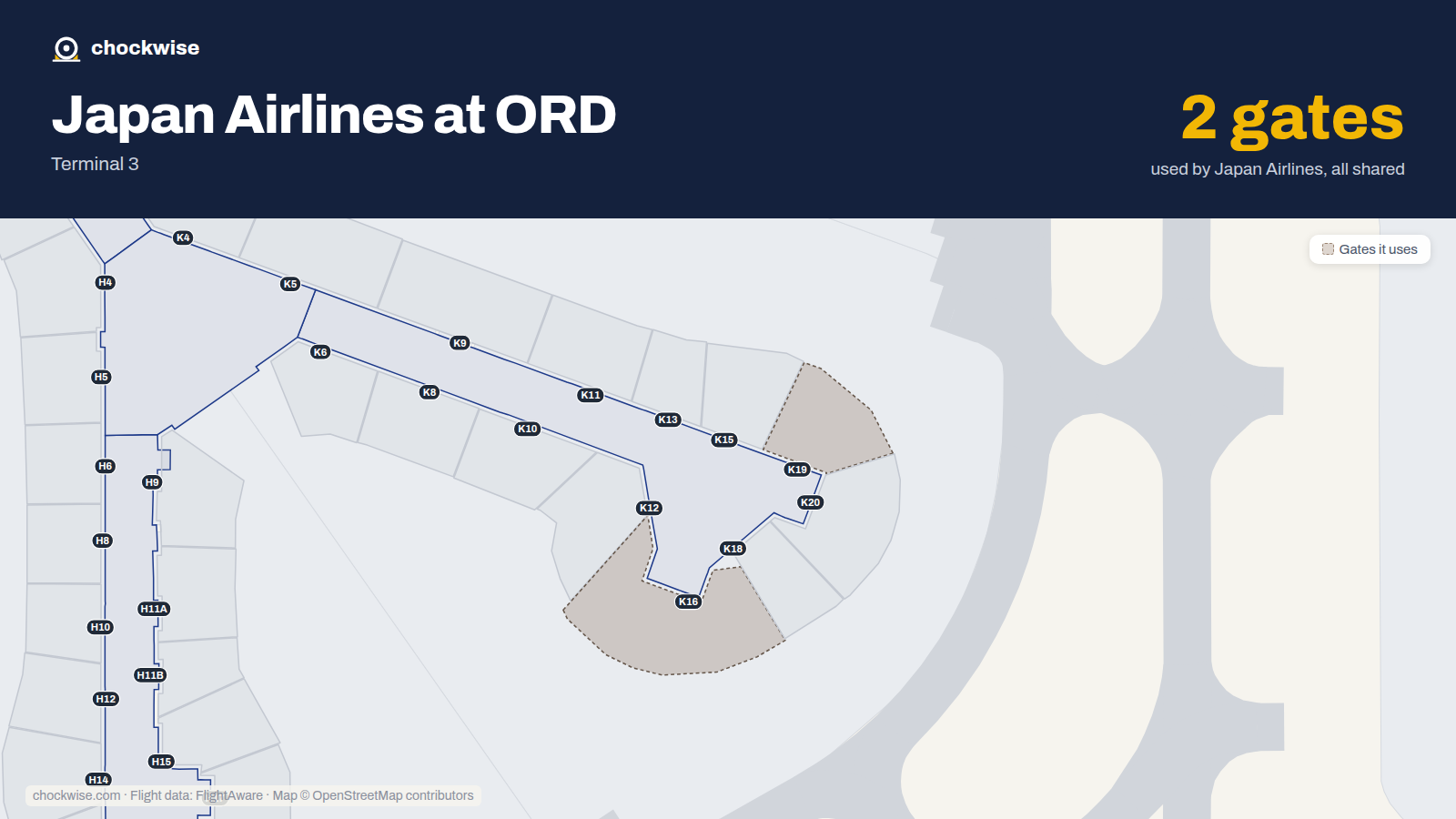 Map of ORD with the gates Japan Airlines uses highlighted: K16 and K19.