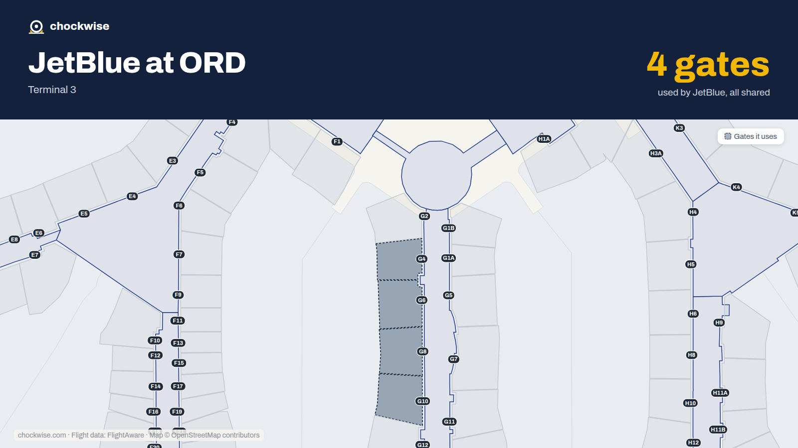 Map of ORD with the gates JetBlue uses highlighted: G4, G6, G8 and G10.
