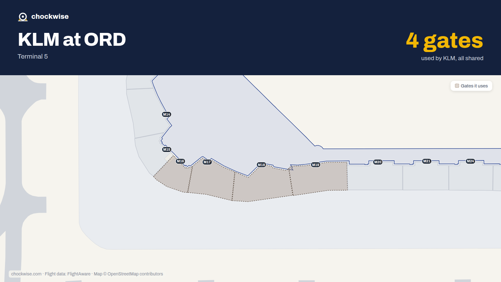Map of ORD with the gates KLM uses highlighted: M16, M17, M18 and M19.
