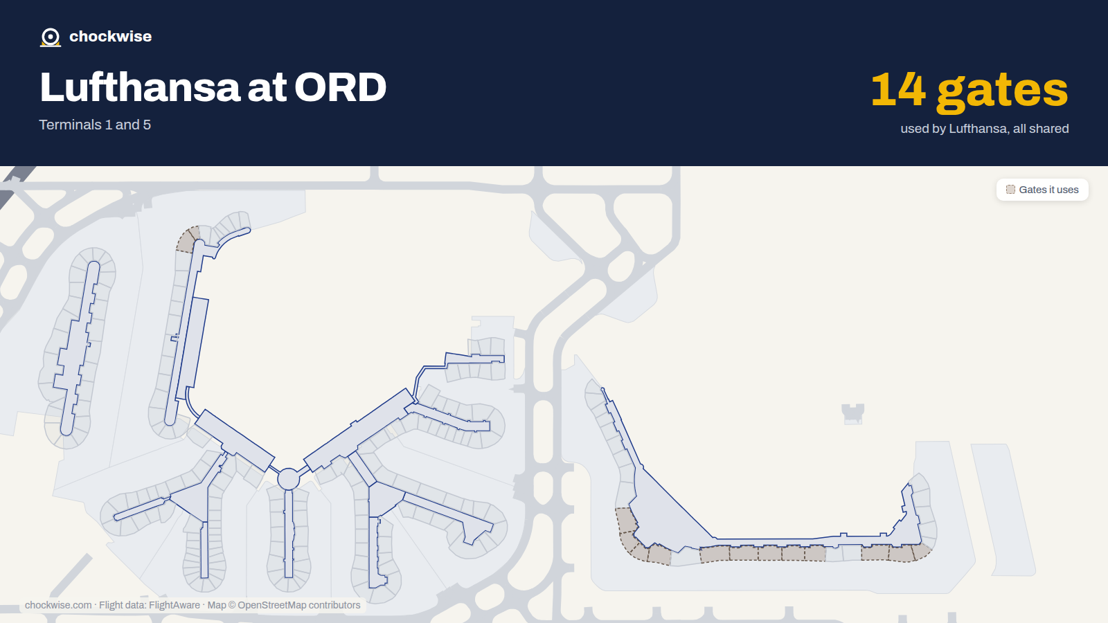 Map of ORD with the gates Lufthansa uses highlighted: M14, M15, B16, M16, B17, M17, M19, M20 and 6 more.