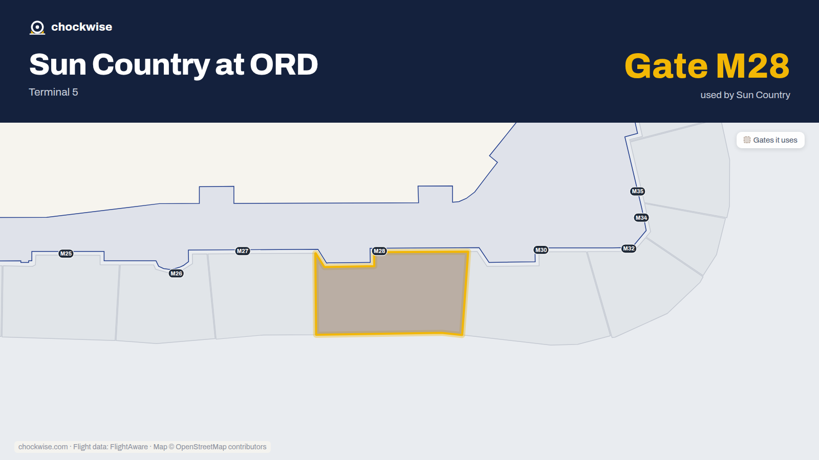 Map of ORD with the gates Sun Country Airlines uses highlighted: M28.